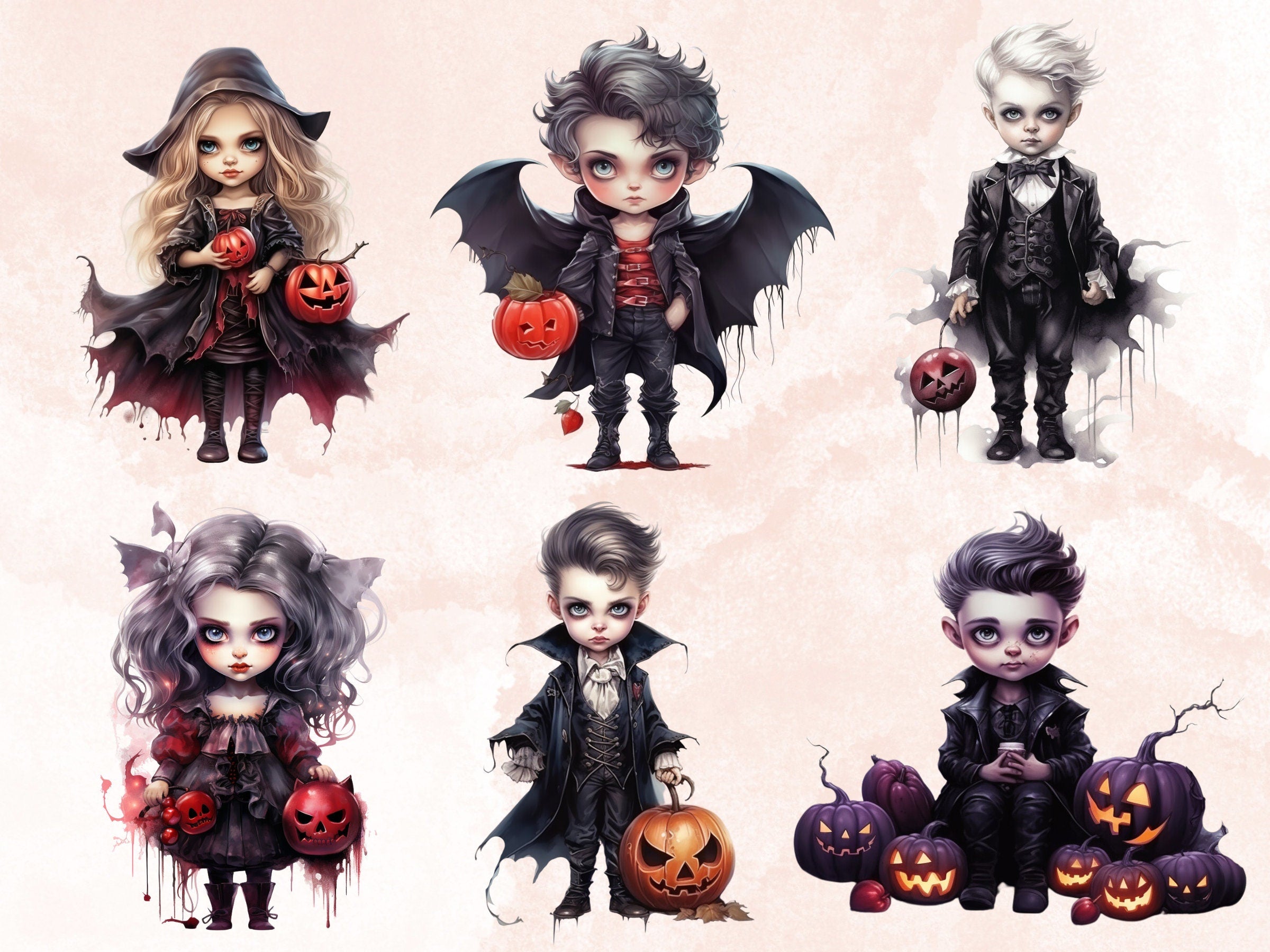 28 PNG Watercolor Little Vampires Clipart, Cute Creepy Halloween Illustrations Clip art, Gothic Baby Vampire png, Dark Fantasy Sublimation