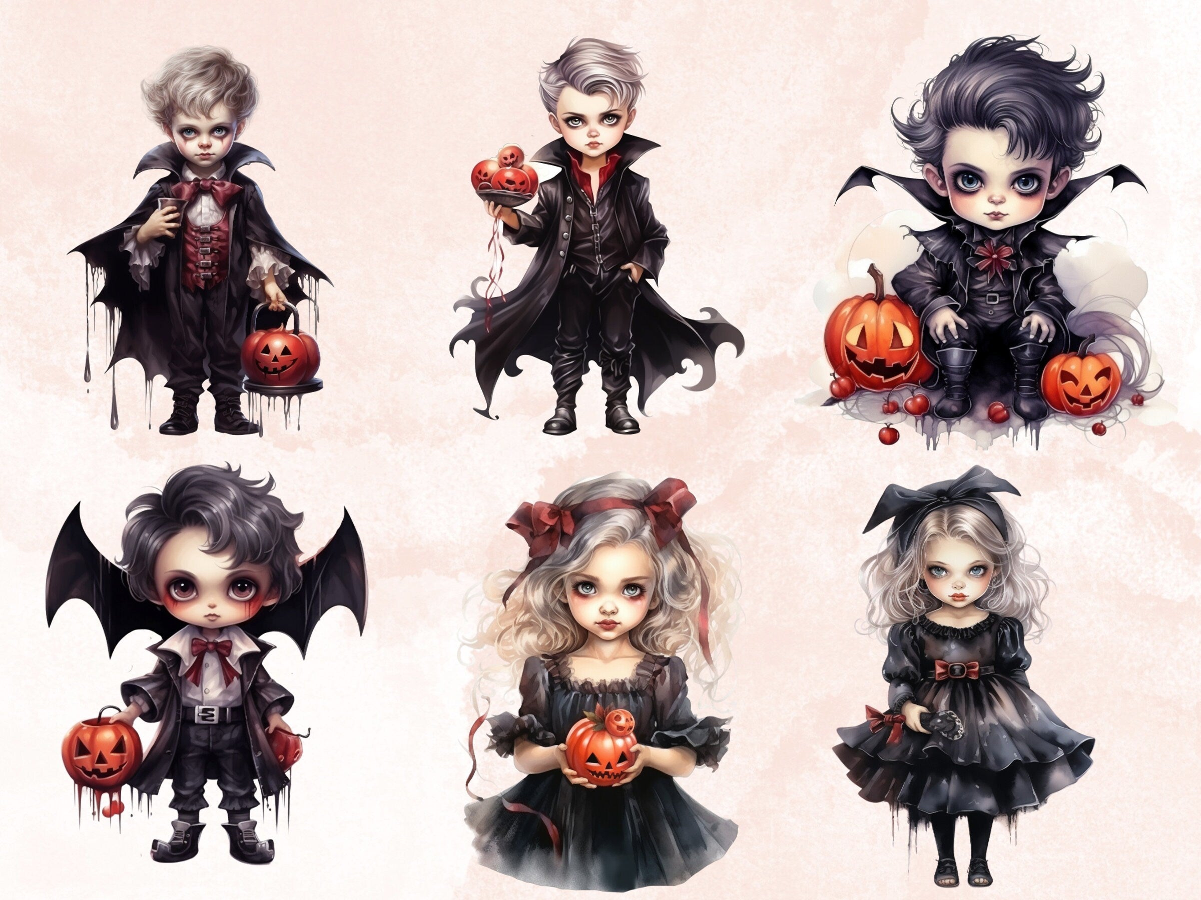 28 PNG Watercolor Little Vampires Clipart, Cute Creepy Halloween Illustrations Clip art, Gothic Baby Vampire png, Dark Fantasy Sublimation