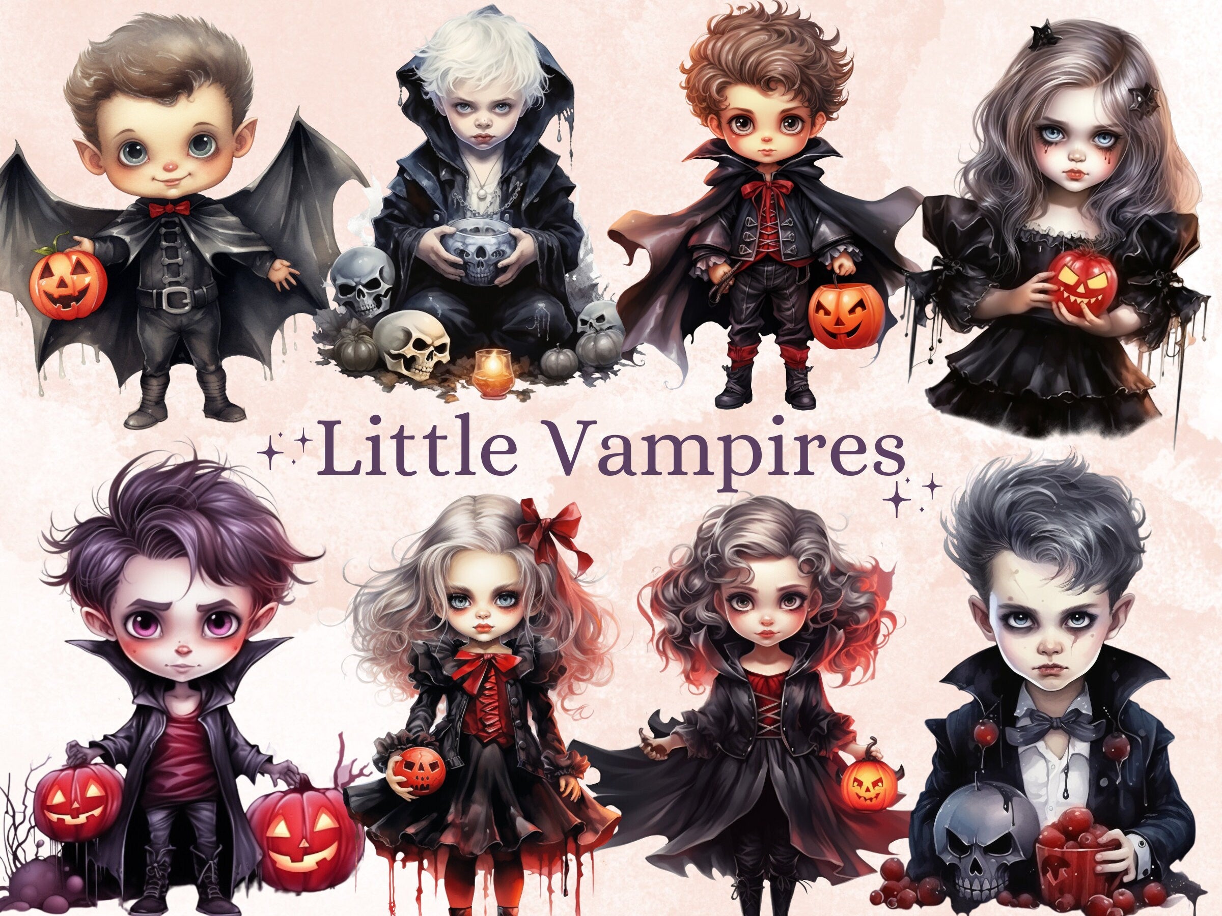 28 PNG Watercolor Little Vampires Clipart, Cute Creepy Halloween Illustrations Clip art, Gothic Baby Vampire png, Dark Fantasy Sublimation