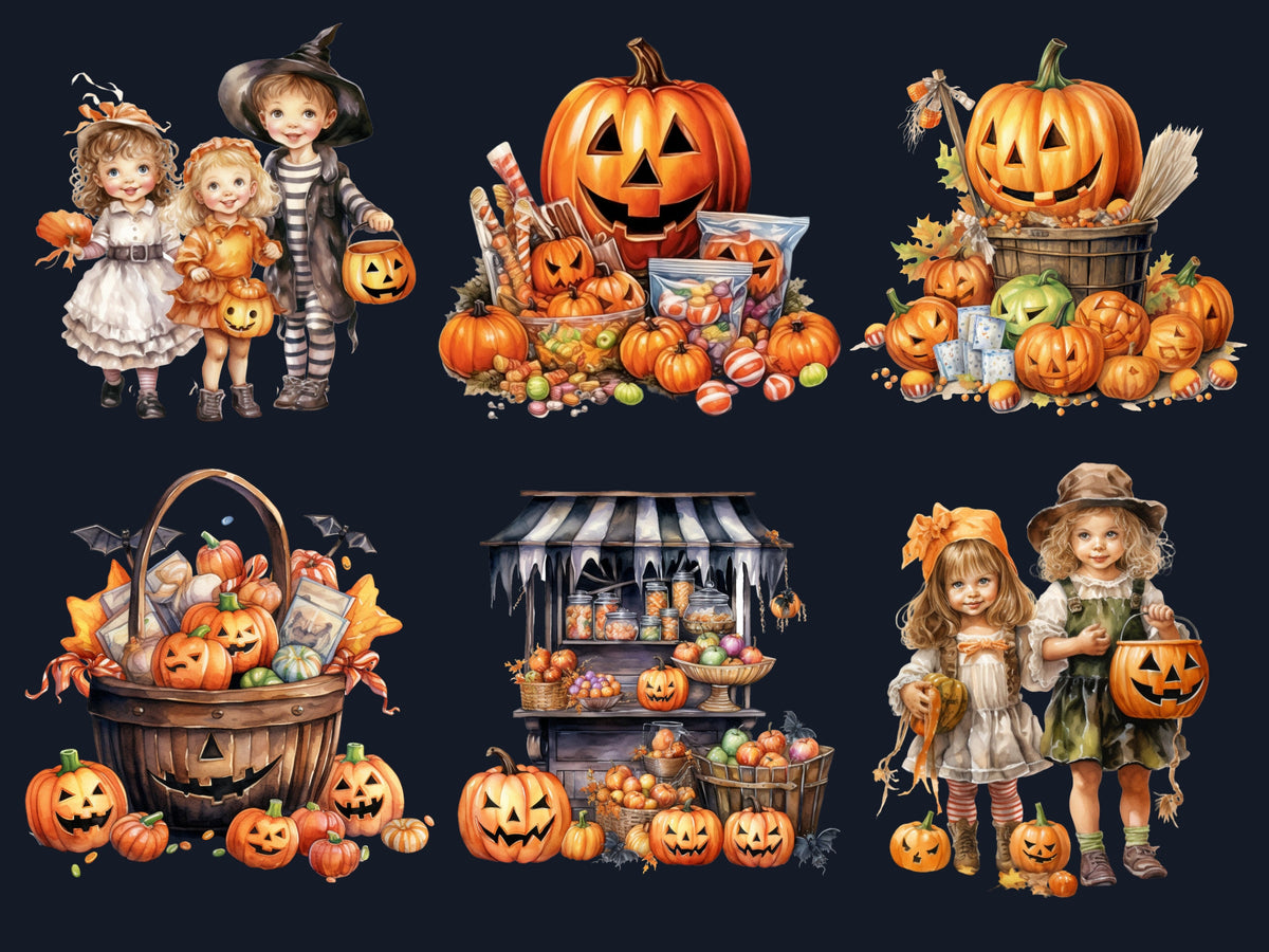 45 PNG Watercolor Trick or Treat Clipart, Vintage Halloween Kids Illustration Clip art, Retro Cute Creepy png, Spooky Season Sublimation