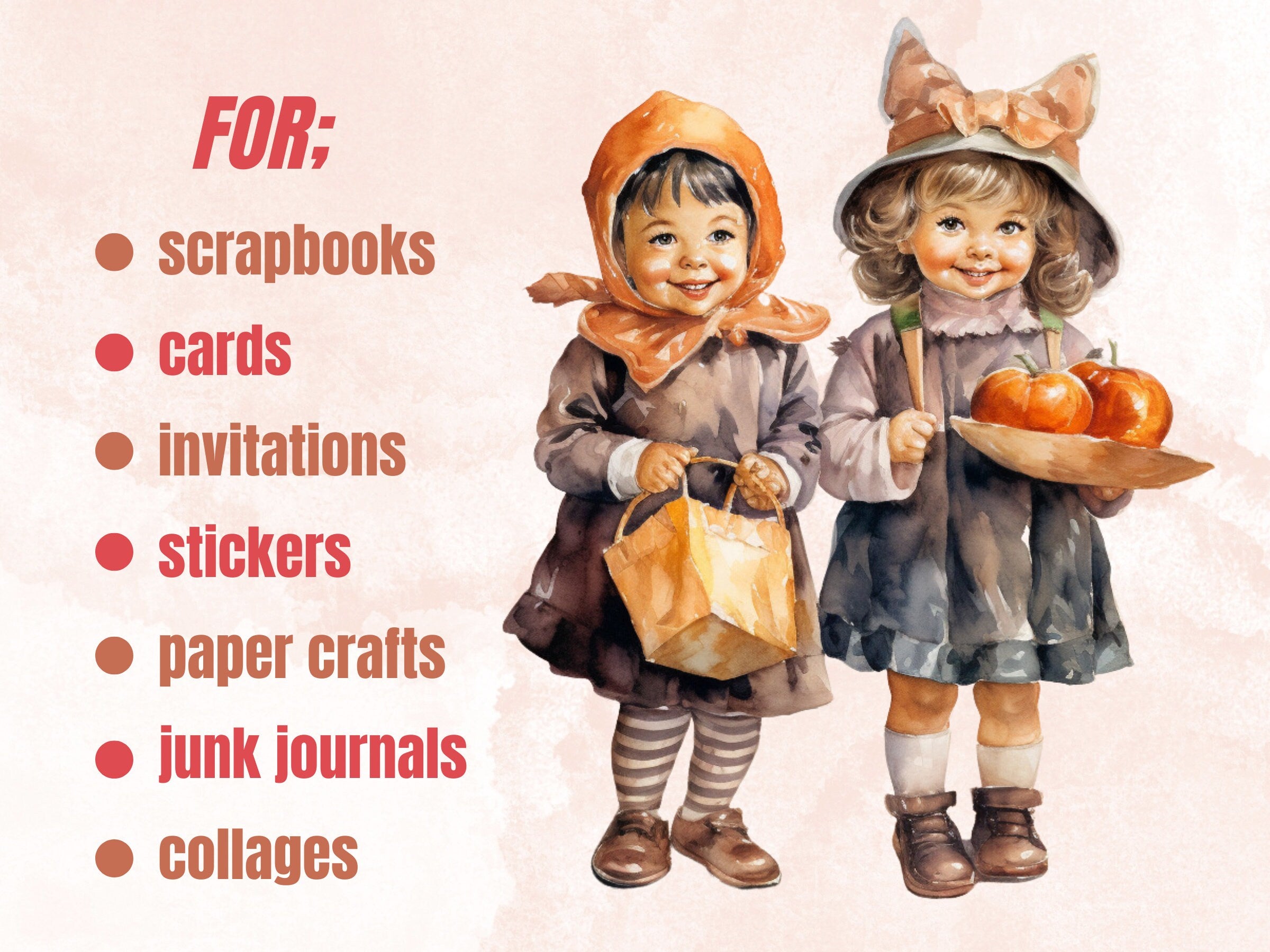 45 PNG Watercolor Trick or Treat Clipart, Vintage Halloween Kids Illustration Clip art, Retro Cute Creepy png, Spooky Season Sublimation