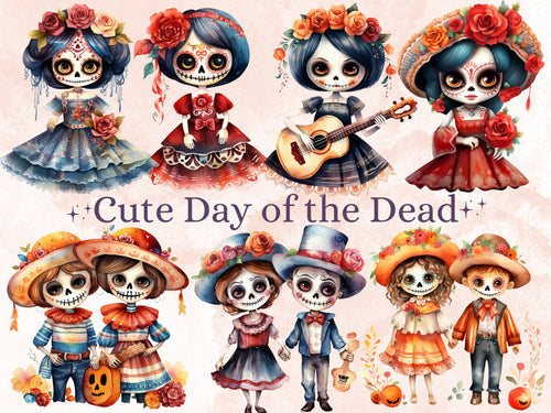 40 PNG Watercolor Cute Day of the Dead Clipart, Día de Los Muertos Illustration Clip art, Mexican Halloween png, Sugar Skull Sublimation
