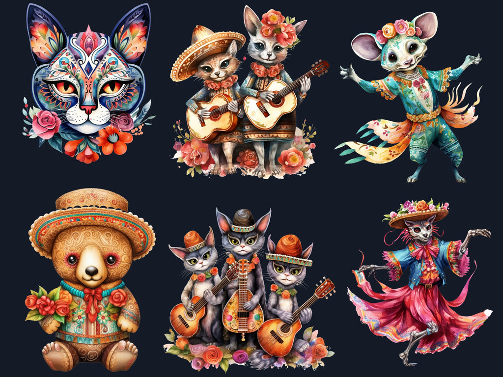 65 PNG Watercolor Day of the Dead Animals Clipart, Día de Los Muertos Illustration Clip art, Mexican Halloween png, Sugar Skull Sublimation