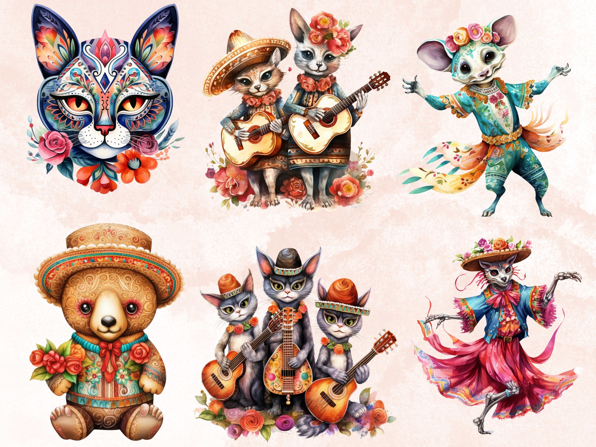 65 PNG Watercolor Day of the Dead Animals Clipart, Día de Los Muertos Illustration Clip art, Mexican Halloween png, Sugar Skull Sublimation