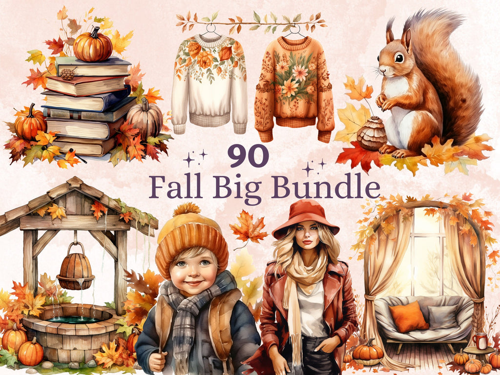 90 PNG Watercolor Fall Big Bundle Clipart, Rustic Autumn Illustrations Clip art, October Pumpkin Spice png, Cozy Fall Leaves Sublimation