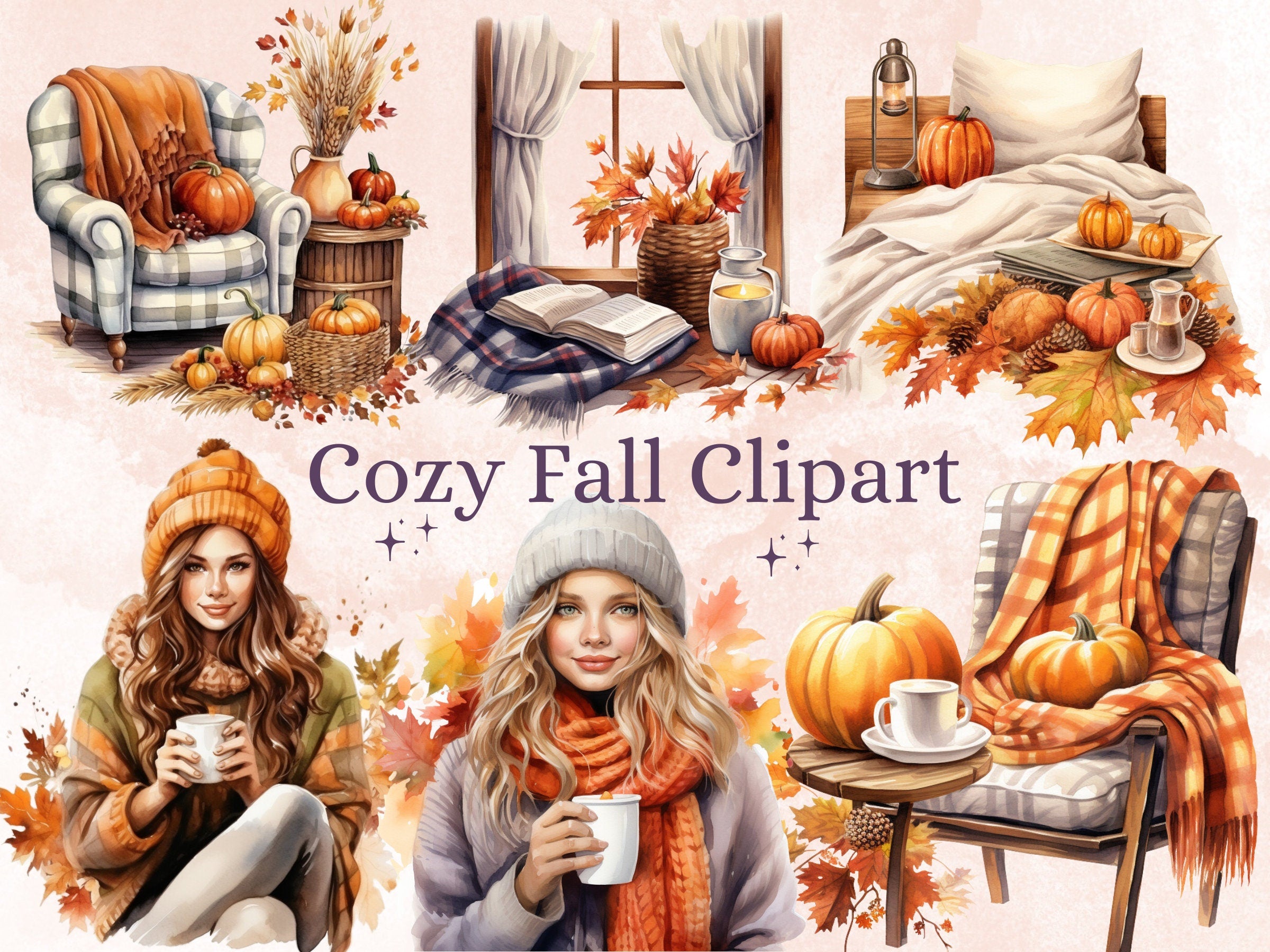 34 PNG Watercolor Cozy Fall Clipart, Cozy Autumn Reading Corner Illustrations Clip art, Floral Boho Fall Nook png, Autumn Decor Sublimation