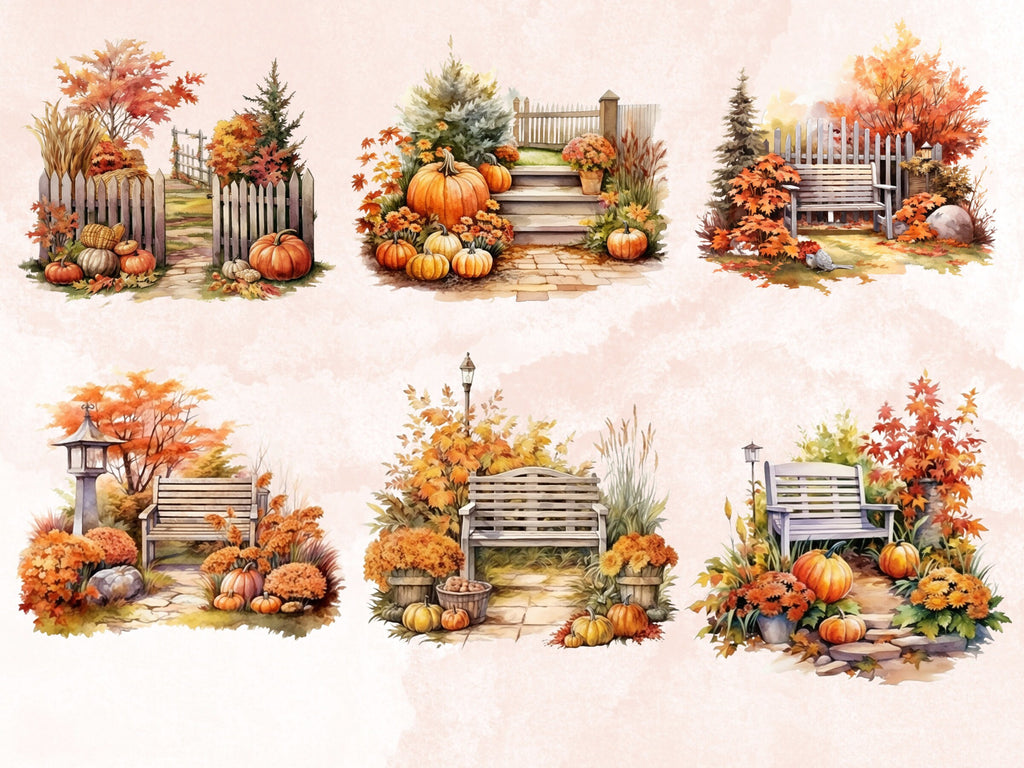 22 PNG Watercolor Fall Garden Clipart, Rustic Pumpkin Floral Illustrations Clip art, Autumn Secret Garden png, Cozy Fall Bench Sublimation