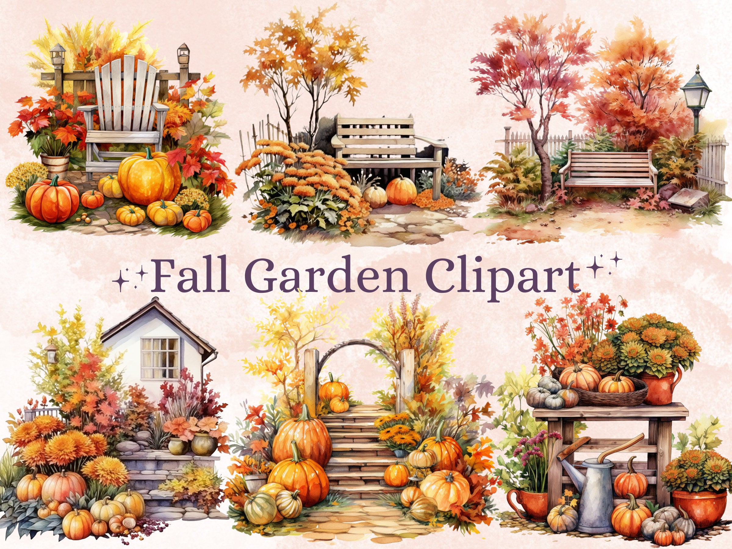 22 PNG Watercolor Fall Garden Clipart, Rustic Pumpkin Floral Illustrations Clip art, Autumn Secret Garden png, Cozy Fall Bench Sublimation