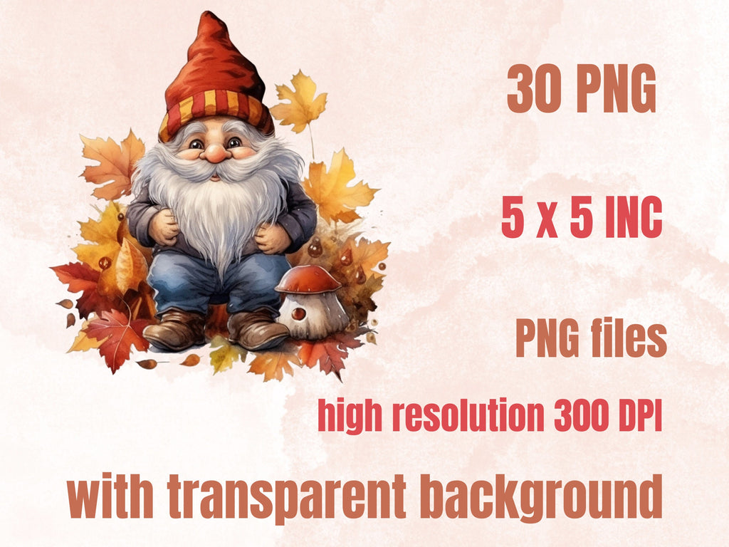 30 PNG Watercolor Fall Gnomes Clipart, Rustic Autumn Garden Gnome Illustrations Clip art, Autumn Gardening png, Cute Fall Dwarf Sublimation