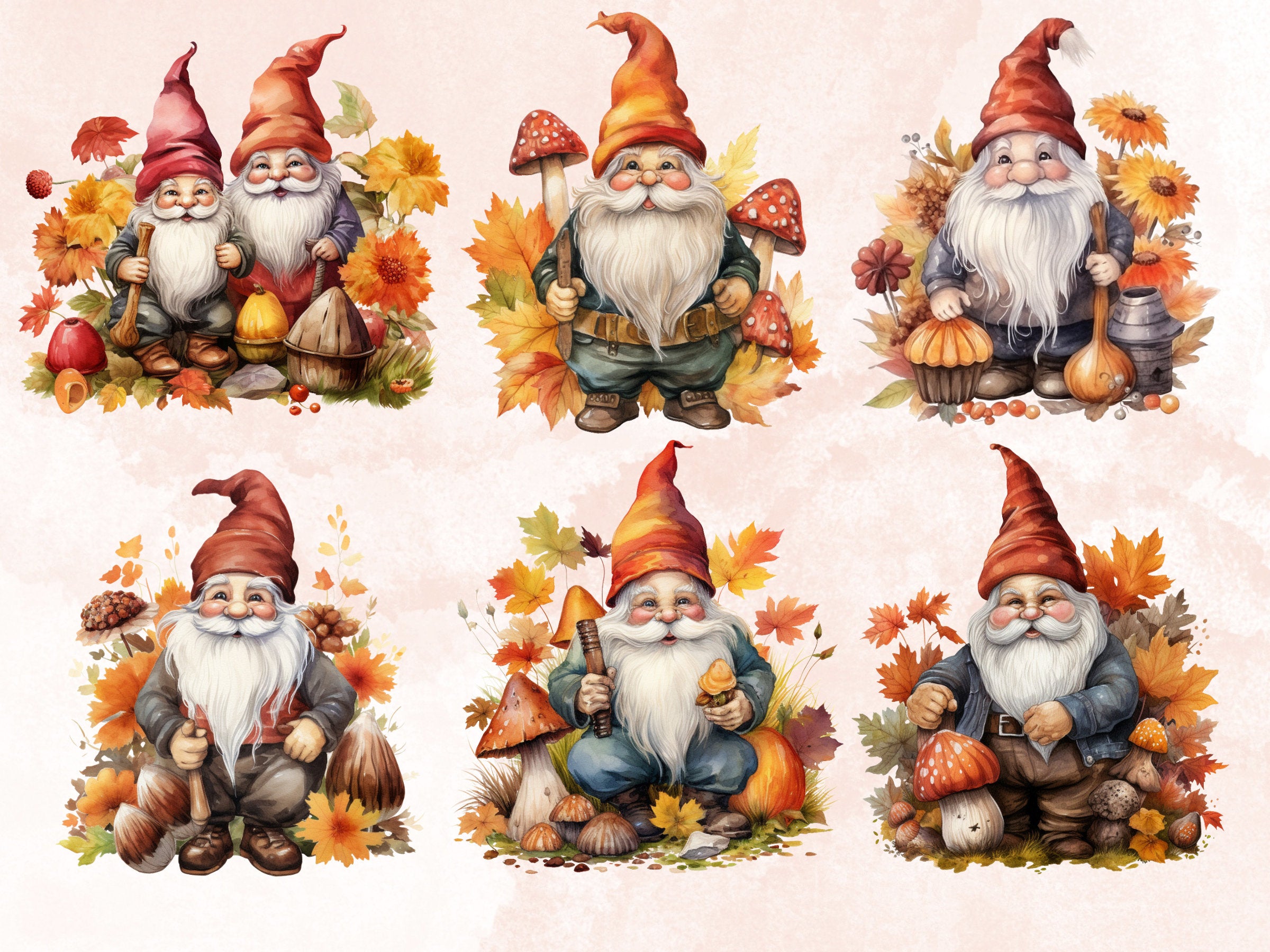 30 PNG Watercolor Fall Gnomes Clipart, Rustic Autumn Garden Gnome Illustrations Clip art, Autumn Gardening png, Cute Fall Dwarf Sublimation