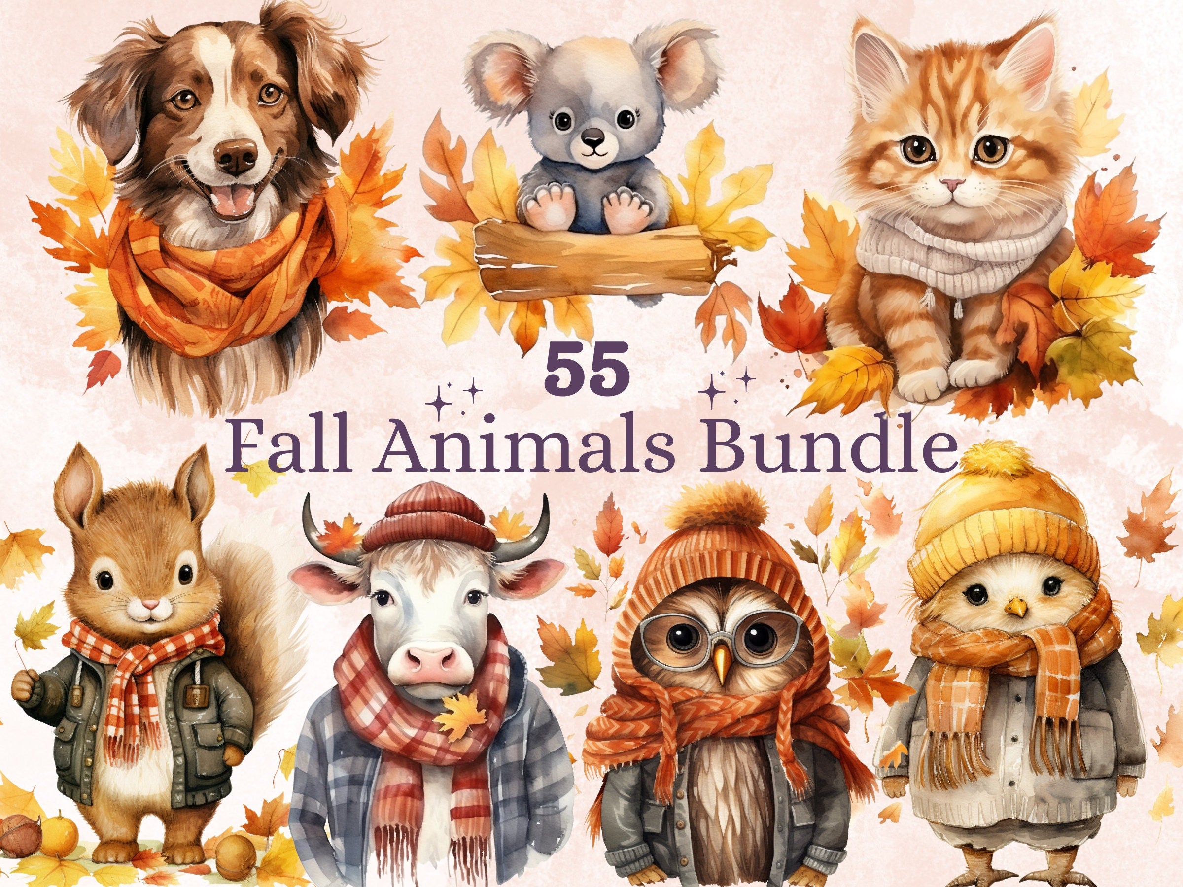 55 PNG Watercolor Fall Animals Bundle Clipart, Cute Autumn Animal Illustrations Clip art, Nursery Autumn png, Fall Baby Shower Sublimation