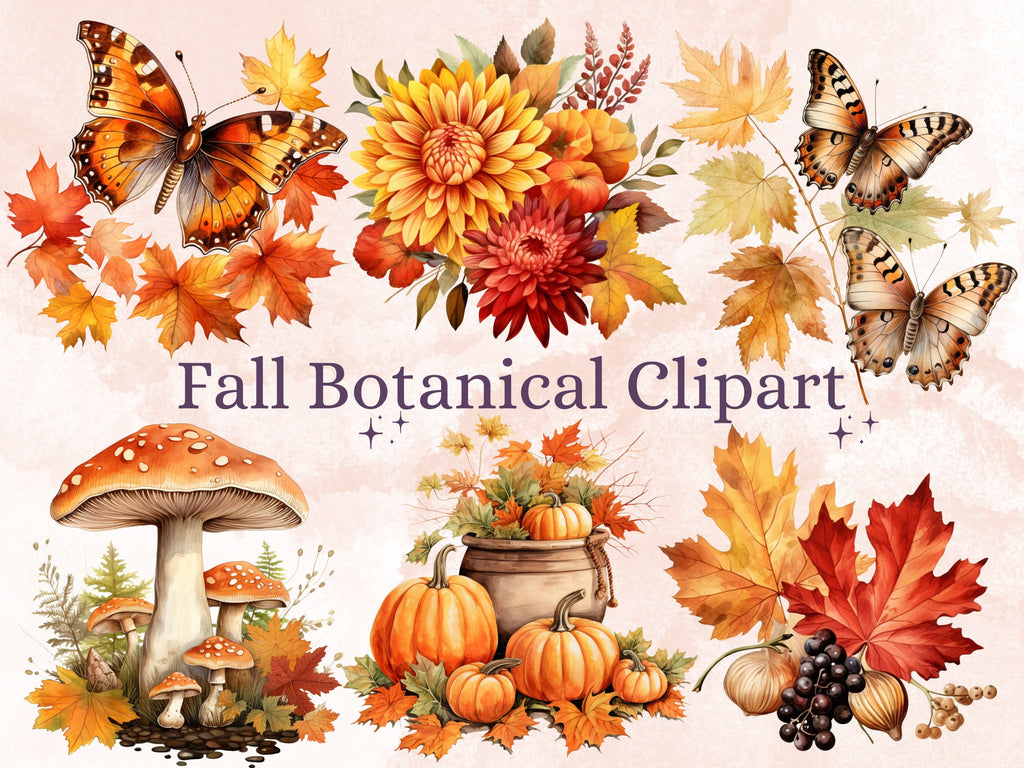 45 PNG Watercolor Fall Botanical Clipart, Autumn Flowers Illustrations Clip art, Floral Fall Mushroom png, Autumn Leaves Foliage Sublimation