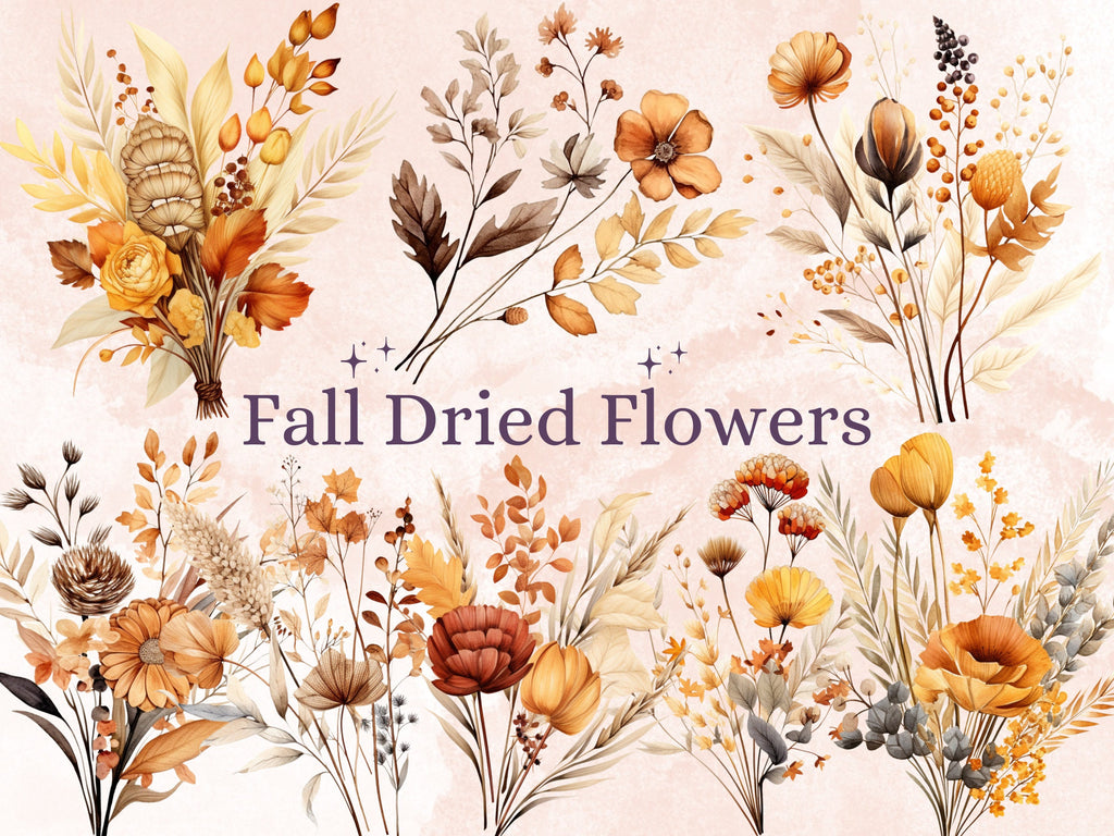 35 PNG Watercolor Fall Dried Flowers Clipart, Autumn Boho Wildflowers Illustrations Clip art, Fall Bouquets png, Autumn wedding invitation