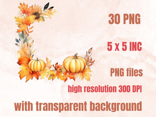 30 PNG Watercolor Fall Wreath Clipart, Floral Autumn Frames Illustrations Clip art, Fall Border png, Autumn Pumpkin Foliage Sublimation