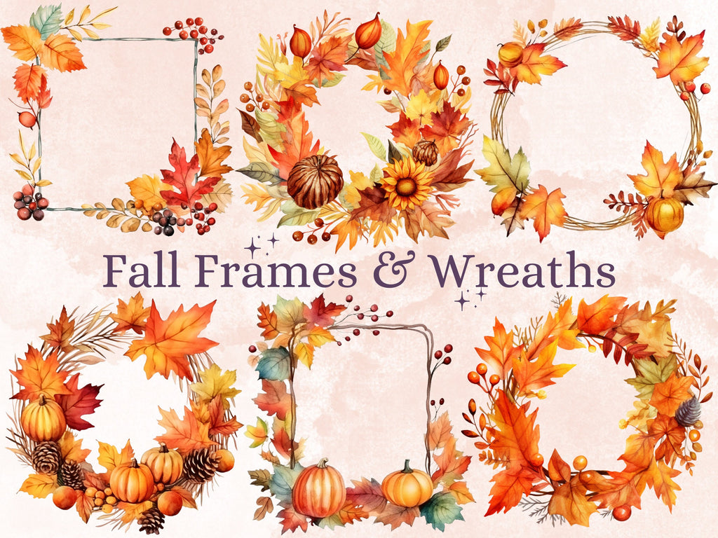 30 PNG Watercolor Fall Wreath Clipart, Floral Autumn Frames Illustrations Clip art, Fall Border png, Autumn Pumpkin Foliage Sublimation