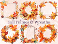 30 PNG Watercolor Fall Wreath Clipart, Floral Autumn Frames Illustrations Clip art, Fall Border png, Autumn Pumpkin Foliage Sublimation