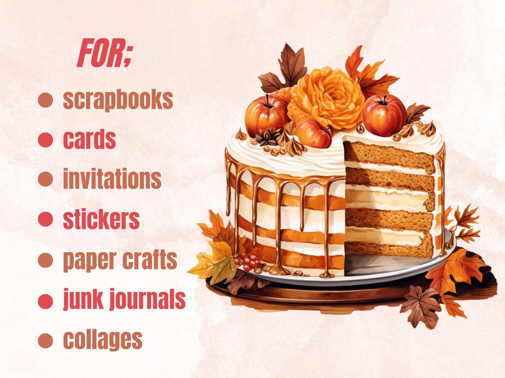 40 PNG Watercolor Fall Dessert Clipart, Autumn Dessert Illustrations Clip art, Pumpkin Spice png, Cozy Autumn Sweet Treats Sublimation