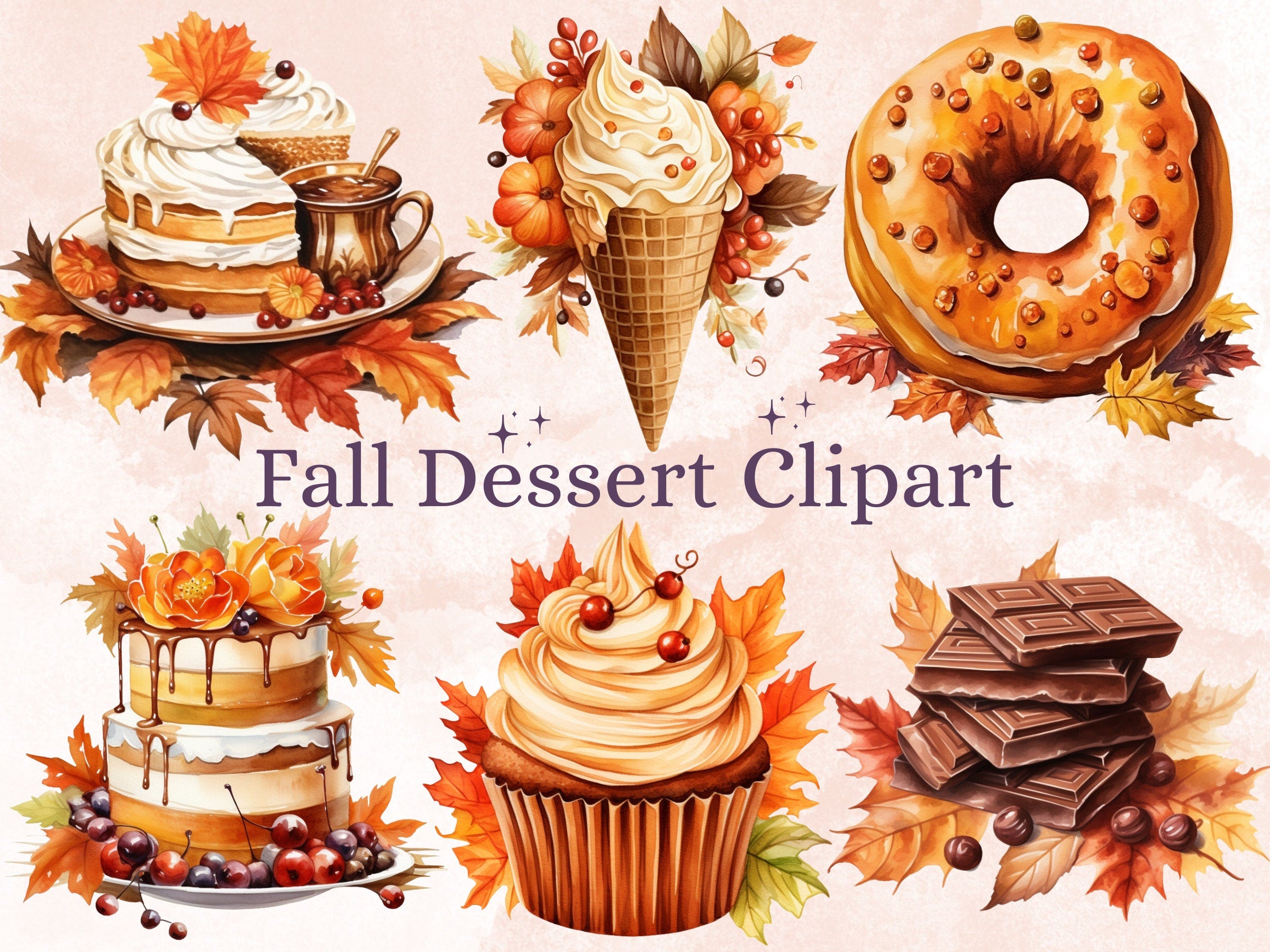 40 PNG Watercolor Fall Dessert Clipart, Autumn Dessert Illustrations Clip art, Pumpkin Spice png, Cozy Autumn Sweet Treats Sublimation