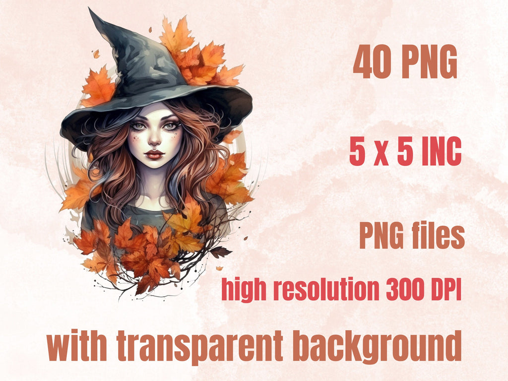 40 PNG Watercolor Fall Witch Clipart, Gothic Autumn Illustrations Clip art, Magic Pumpkin Witches png, Fantasy Autumn Witchcraft Sublimation