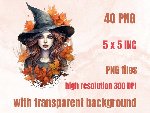 40 PNG Watercolor Fall Witch Clipart, Gothic Autumn Illustrations Clip art, Magic Pumpkin Witches png, Fantasy Autumn Witchcraft Sublimation