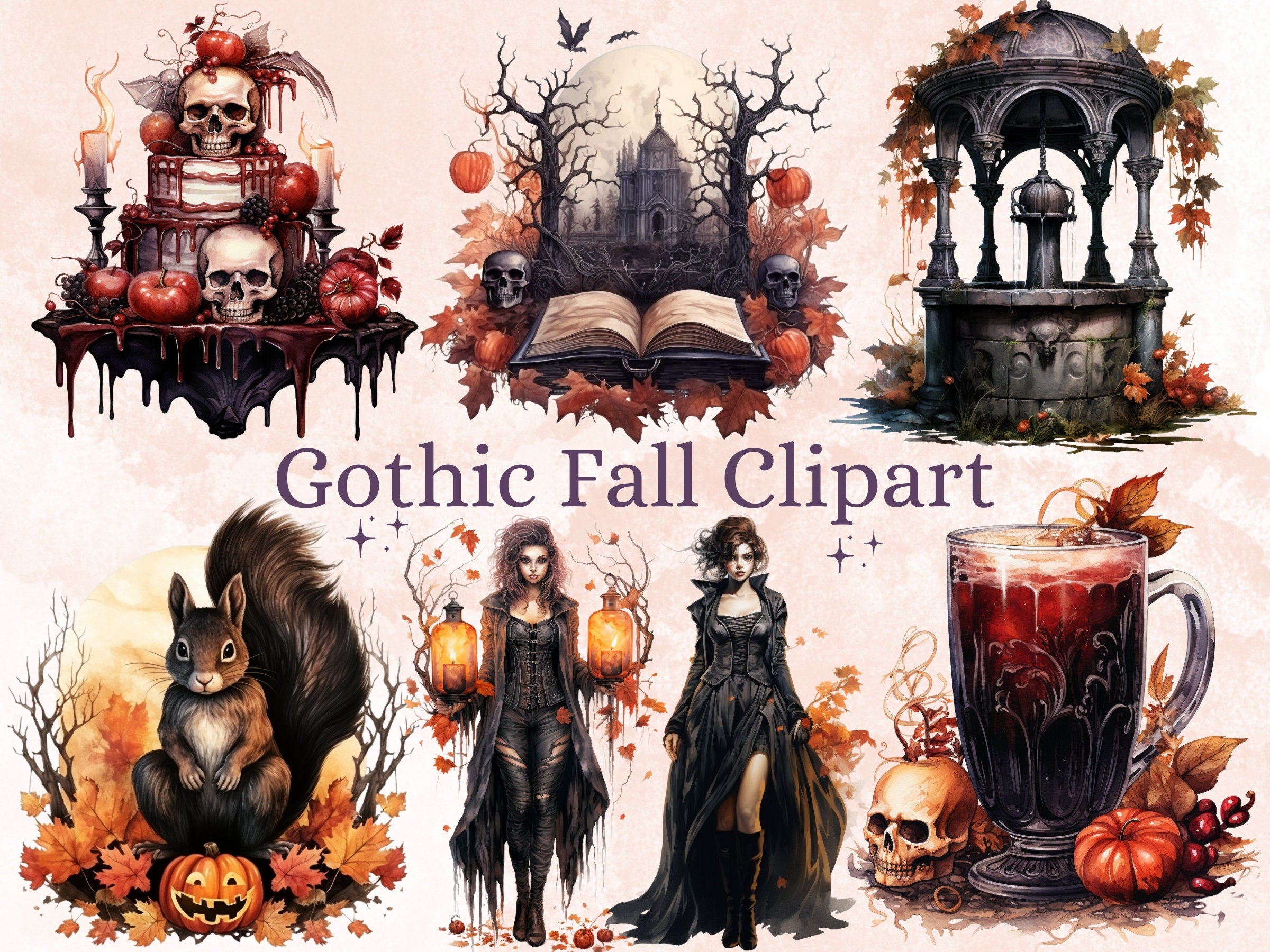 45 PNG Watercolor Gothic Fall Clipart Bundle , Creepy Autumn Pumpkin Illustrations Clip art, Spooky Fall png, Fantasy Autumn Sublimation