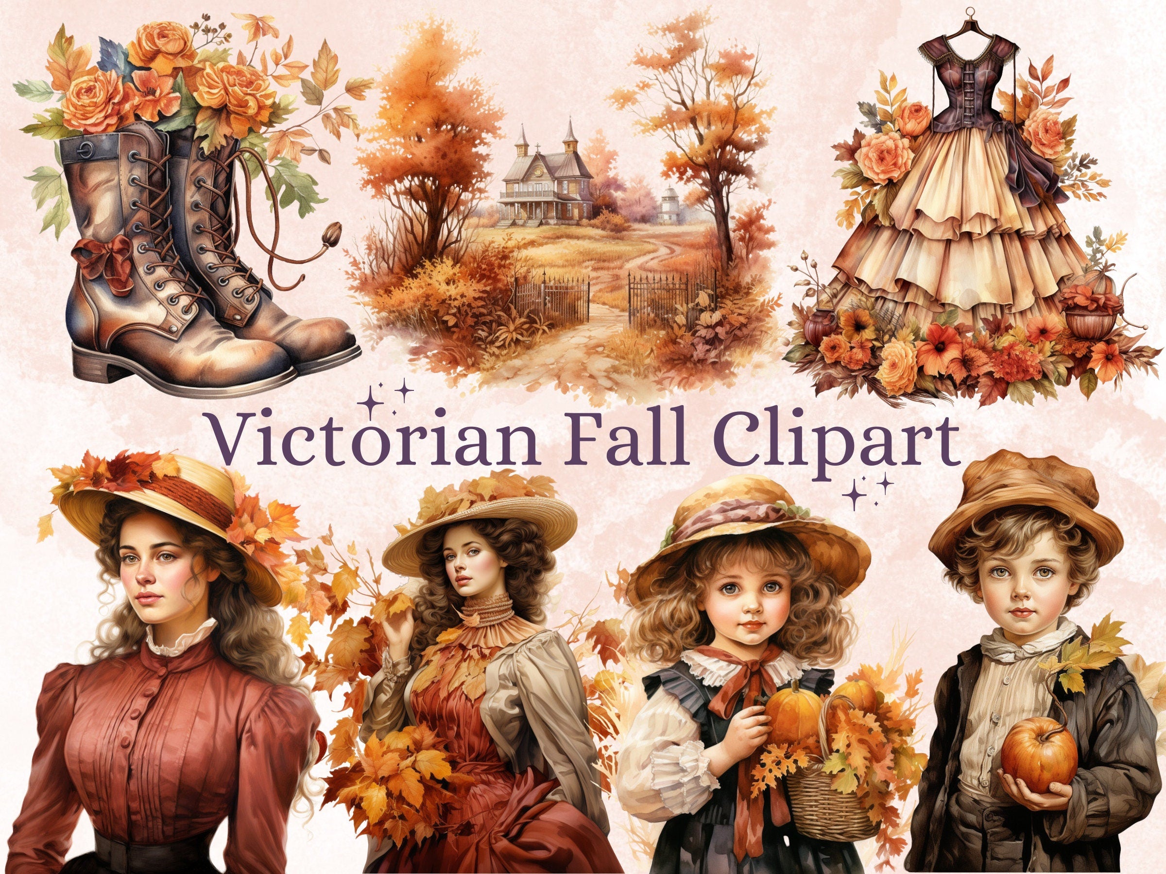 40 PNG Watercolor Victorian Fall Clipart Bundle, Vintage Rustic Autumn Pumpkin Illustrations Clip art, Retro Fall png, Autumn Sublimation