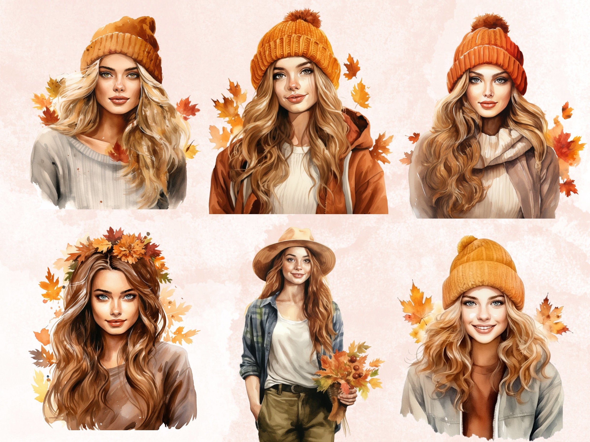 35 PNG Watercolor Fall Beauties Clipart Bundle, Cozy Autumn Lady Illustrations Clip art, Fall Woman png, Autumn Fashion Girl Sublimation