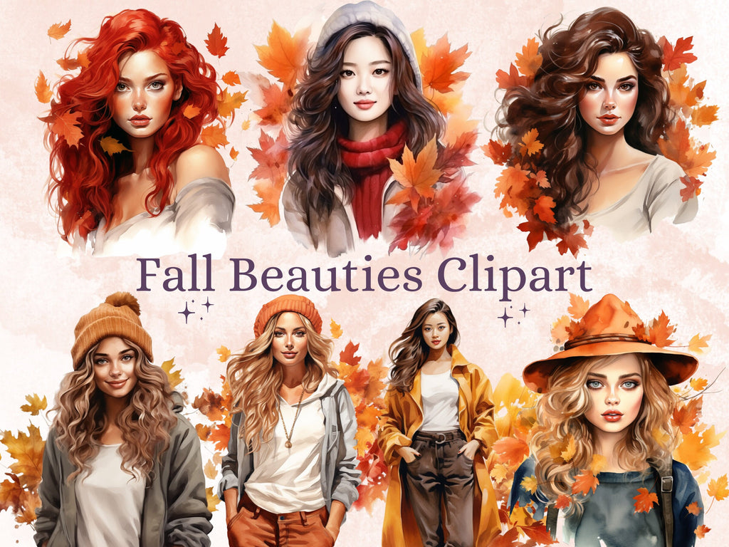 35 PNG Watercolor Fall Beauties Clipart Bundle, Cozy Autumn Lady Illustrations Clip art, Fall Woman png, Autumn Fashion Girl Sublimation