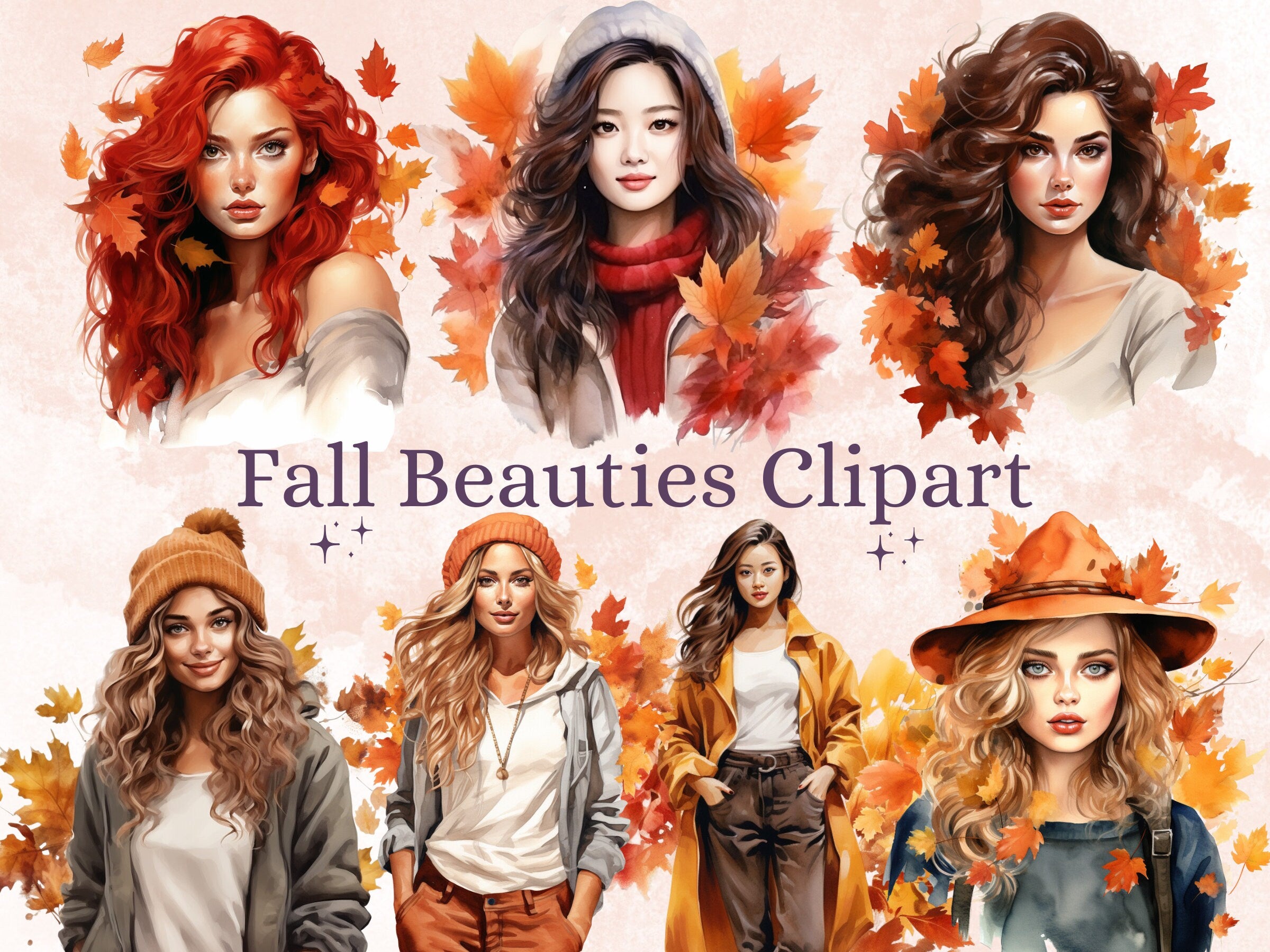 35 PNG Watercolor Fall Beauties Clipart Bundle, Cozy Autumn Lady Illustrations Clip art, Fall Woman png, Autumn Fashion Girl Sublimation