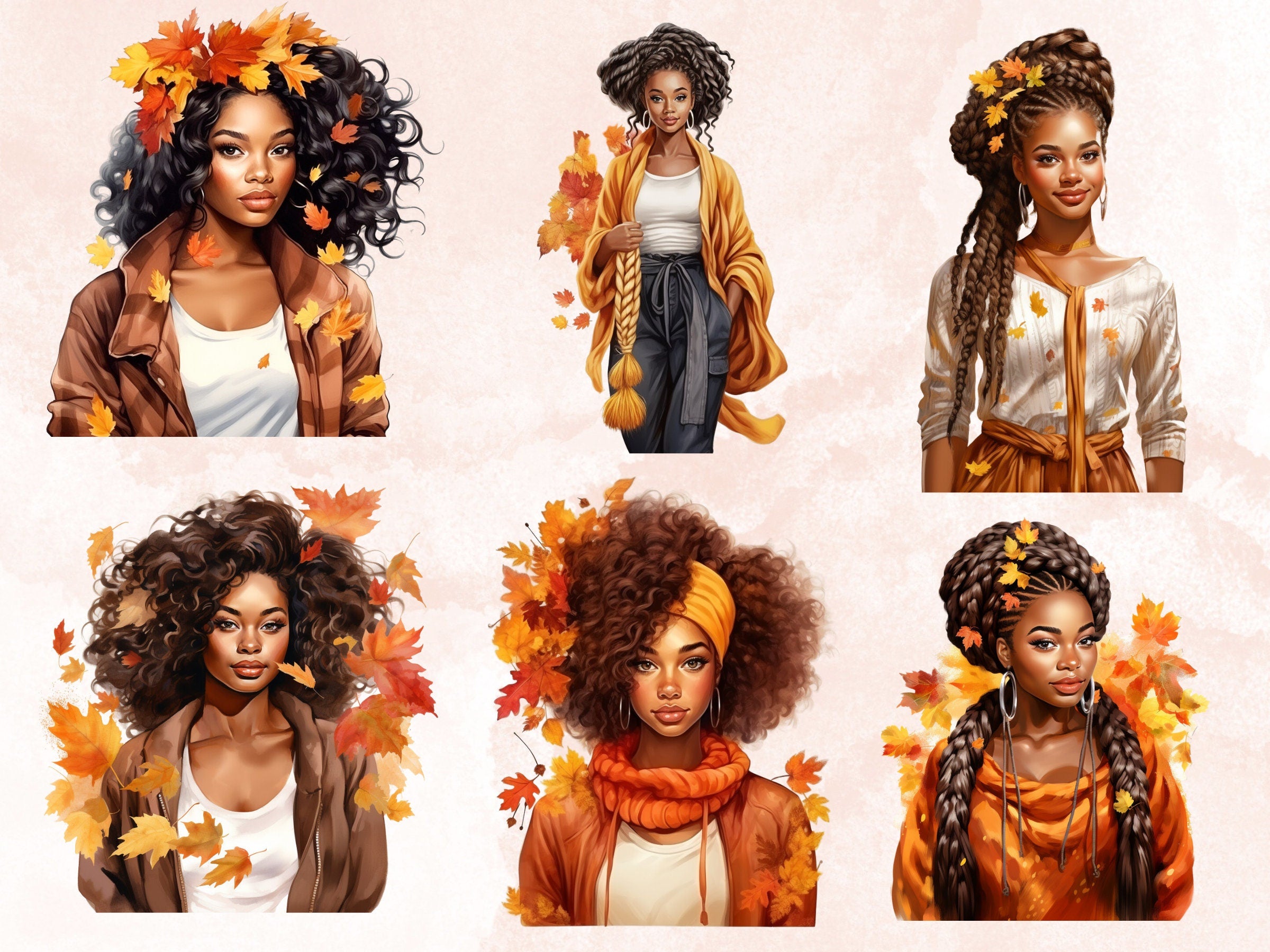 42 PNG Watercolor Fall Black Beauties Clipart Bundle,  Autumn Afro Illustrations Clip art, Fall Woman png, Autumn African Girl Sublimation