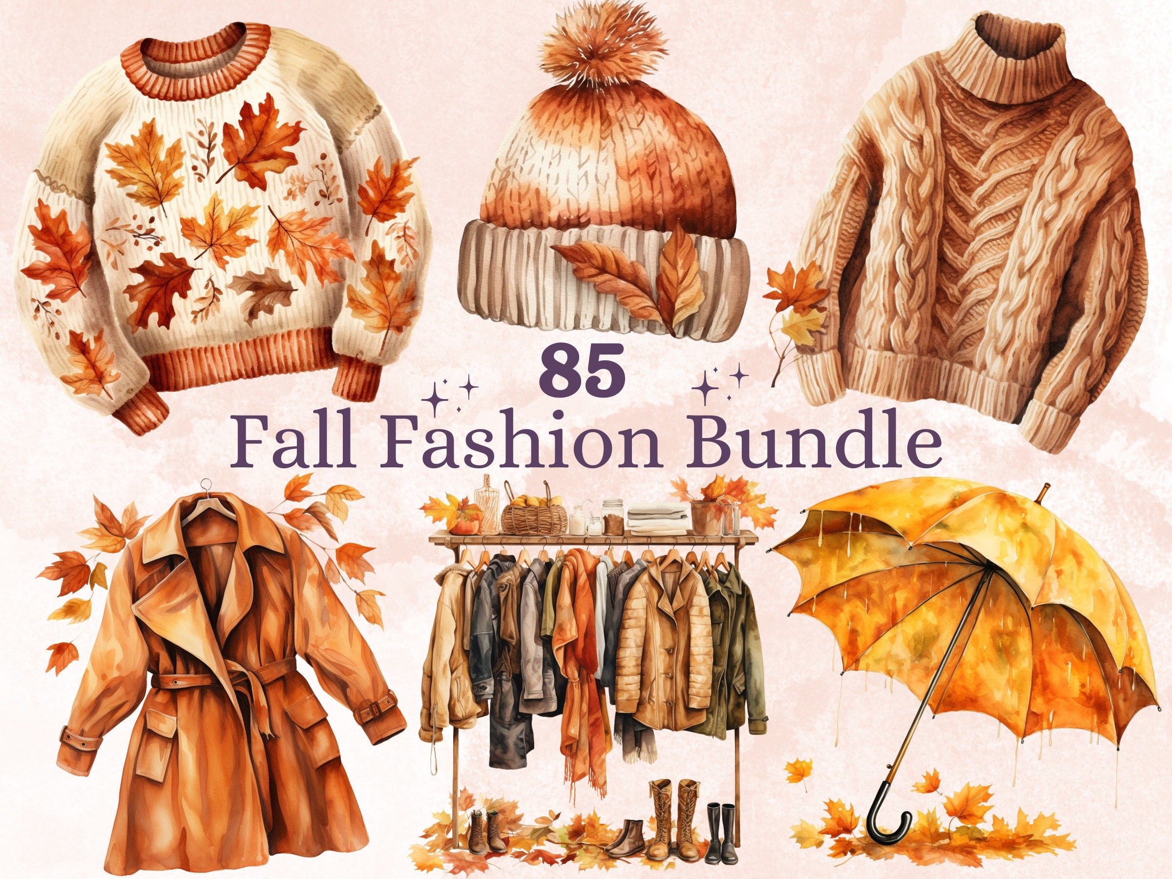 85 PNG Watercolor Fall Fashion Bundle Clipart, Cozy Autumn Sweaters Illustrations Clip art, Fall Clothes png, Autumn Wardrobe Sublimation