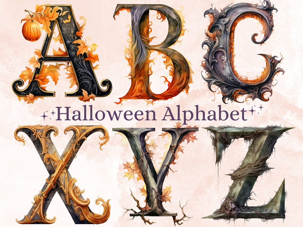 26 PNG Watercolor Halloween Alphabet Clipart, Gothic Letters Illustration Clip art, Dark Fantasy Alphabet png, Creepy Typography Sublimation