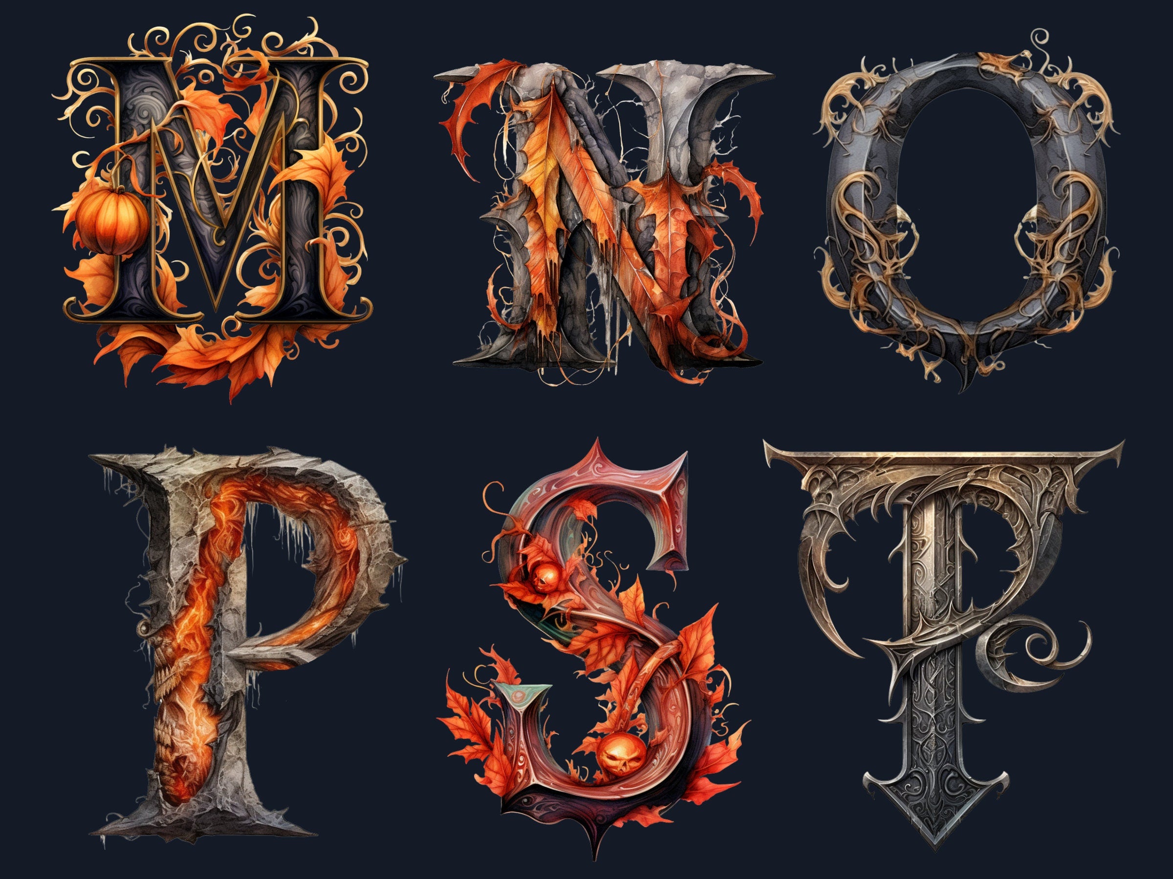 26 PNG Watercolor Halloween Alphabet Clipart, Gothic Letters Illustration Clip art, Dark Fantasy Alphabet png, Creepy Typography Sublimation
