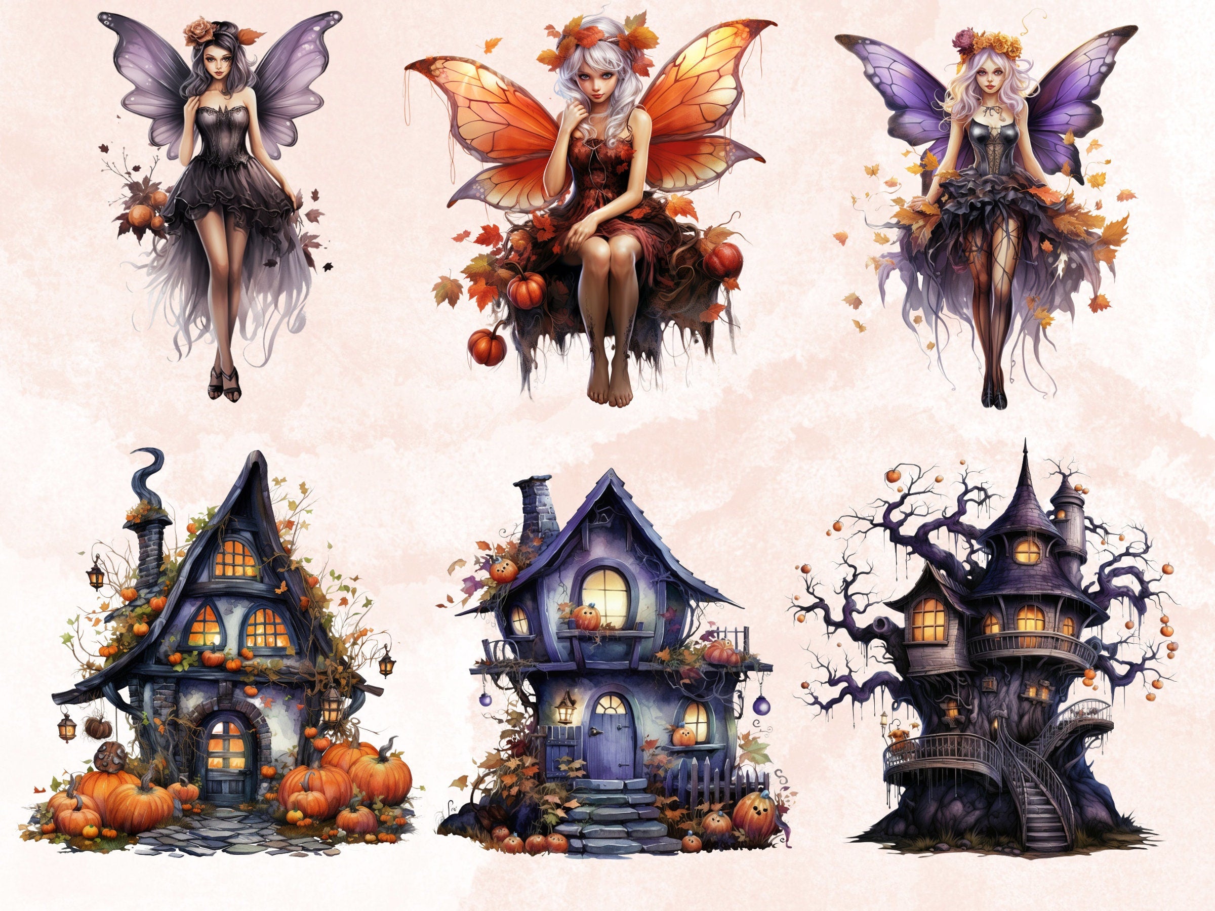 33 PNG Watercolour Halloween Fairy Clipart, Pumpkin Forest Fairy Illustrations Clip art, Dark Fantasy png, Fairytale Halloween Sublimation