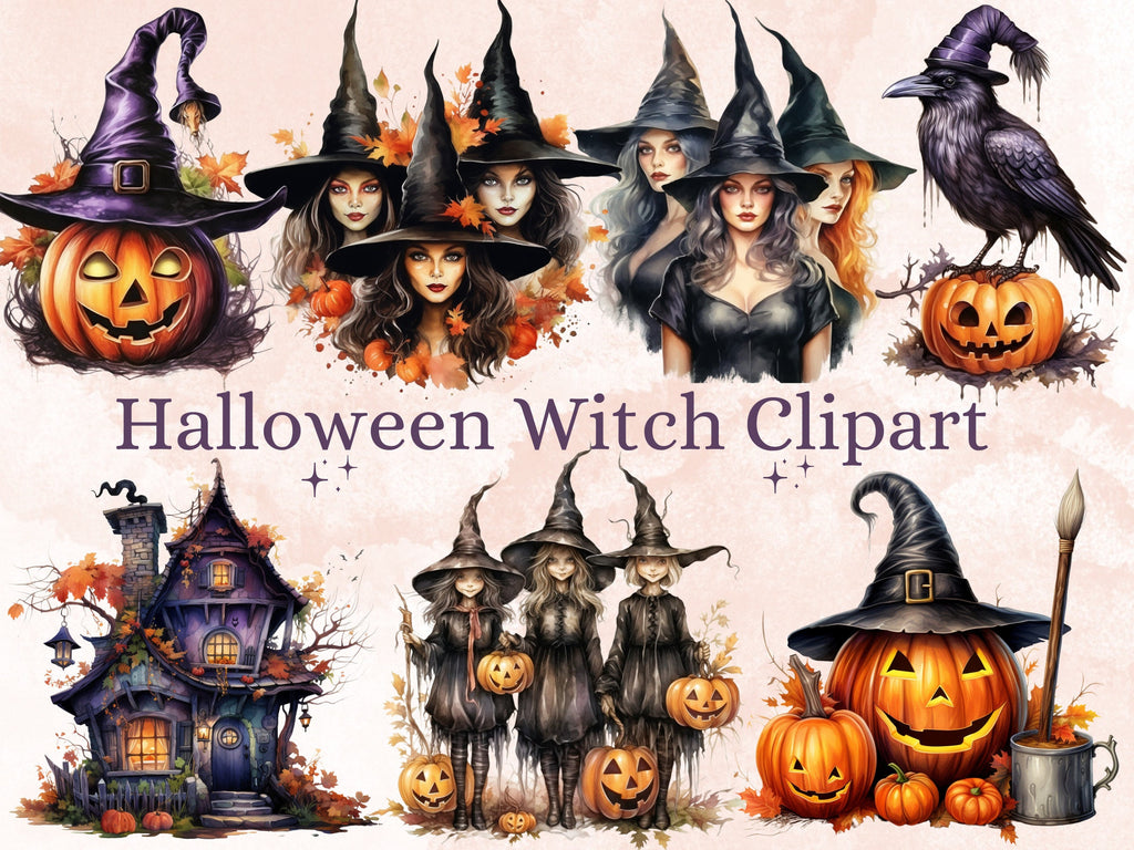 45 PNG Watercolour Halloween Witch Clipart, Pumpkin Witch Sisters Illustrations Clip art, Hocu Pocu png, Halloween Three Witches Sublimation