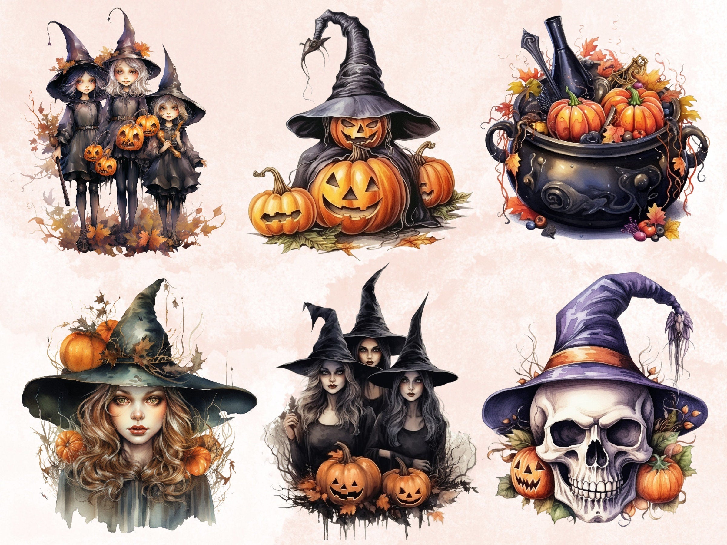 45 PNG Watercolour Halloween Witch Clipart, Pumpkin Witch Sisters Illustrations Clip art, Hocu Pocu png, Halloween Three Witches Sublimation