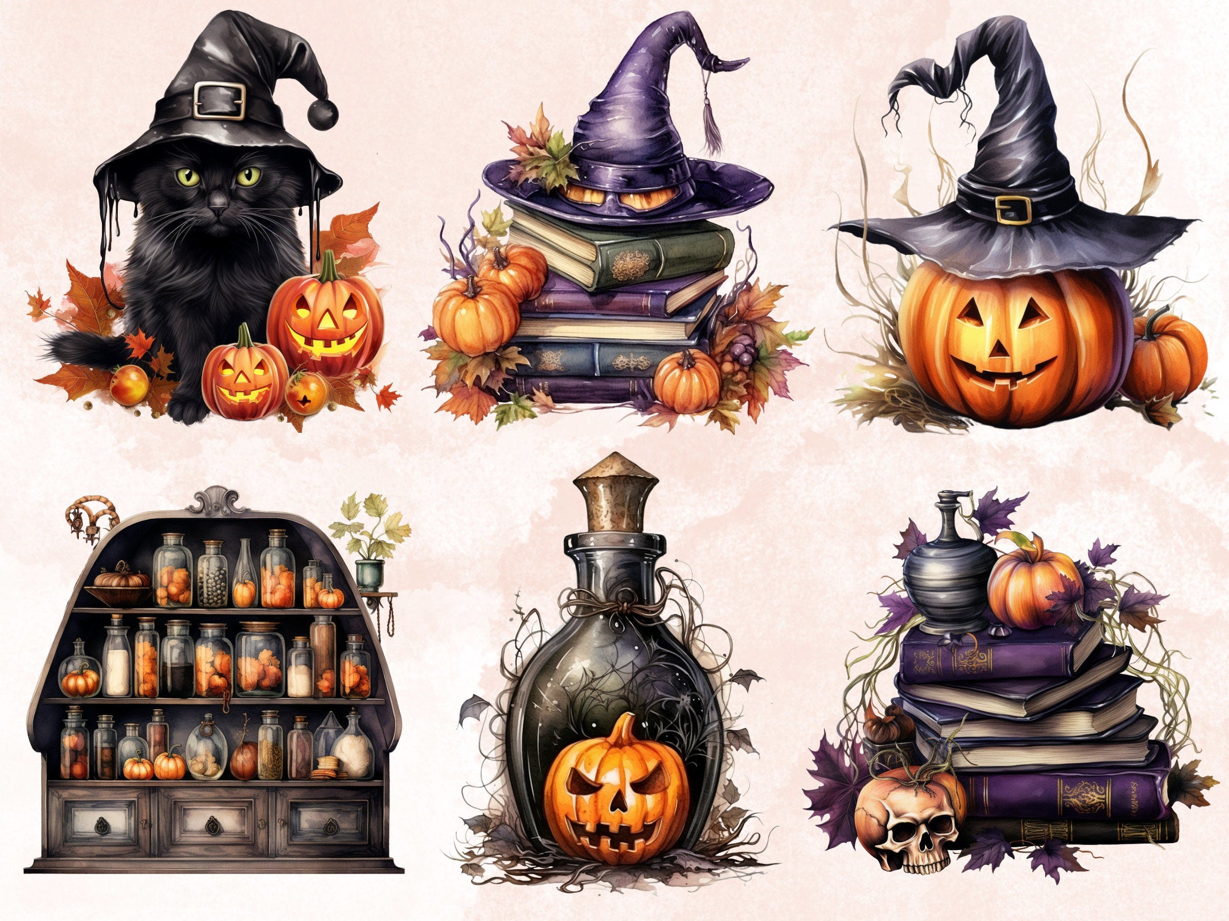 45 PNG Watercolour Halloween Witch Clipart, Pumpkin Witch Sisters Illustrations Clip art, Hocu Pocu png, Halloween Three Witches Sublimation