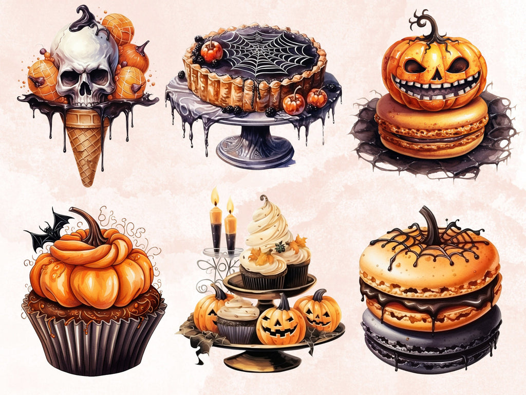45 PNG Watercolour Halloween Dessert Clipart, Spooky Pumpkin Spice Illustrations Clip art, Halloween Sweets png, Trick or Treat Sublimation