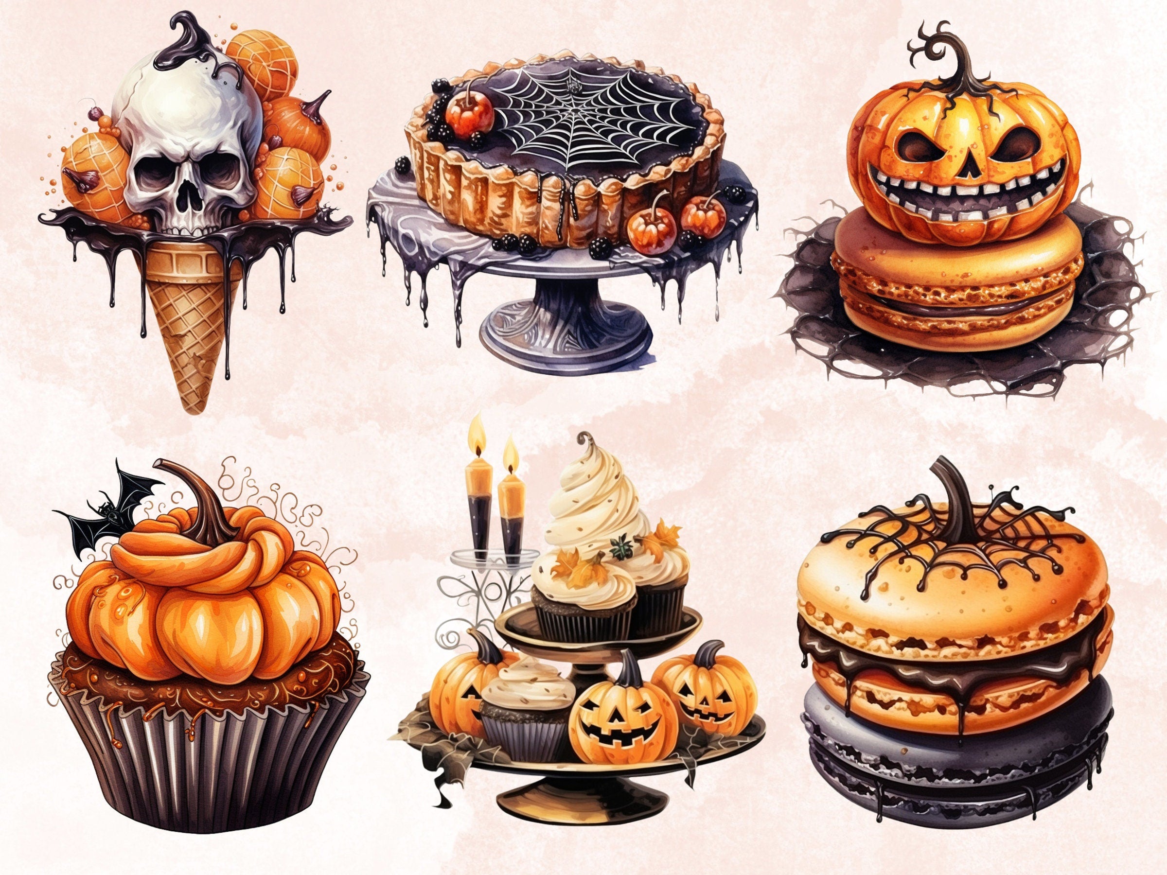 45 PNG Watercolour Halloween Dessert Clipart, Spooky Pumpkin Spice Illustrations Clip art, Halloween Sweets png, Trick or Treat Sublimation