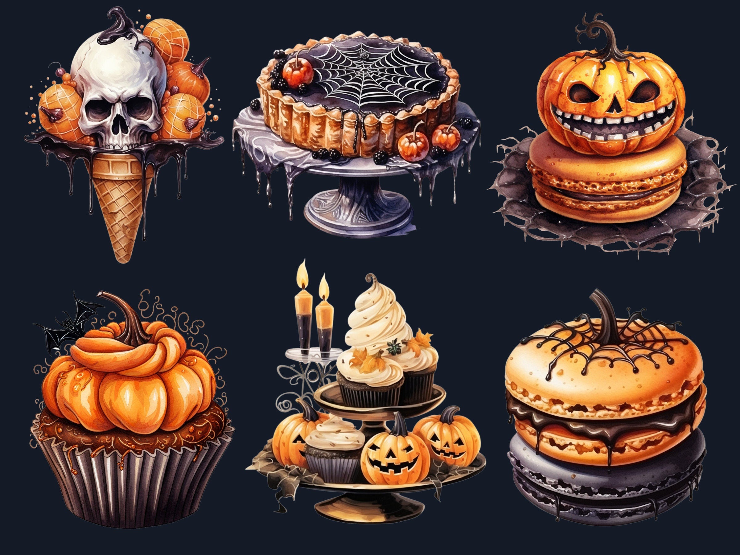 45 PNG Watercolour Halloween Dessert Clipart, Spooky Pumpkin Spice Illustrations Clip art, Halloween Sweets png, Trick or Treat Sublimation