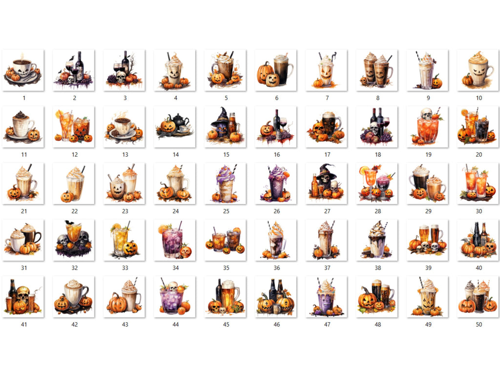 50 PNG Watercolour Halloween Drink Clipart, Pumpkin Spice Latte Illustrations Clip art, Halloween Coffee png, Trick or Treat Sublimation