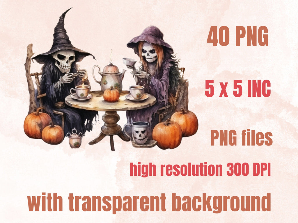 40 PNG Watercolour Halloween Tea Party Clipart, Pumpkin Tea Time Illustrations Clip art, Halloween Decor png, Trick or Treat Sublimation