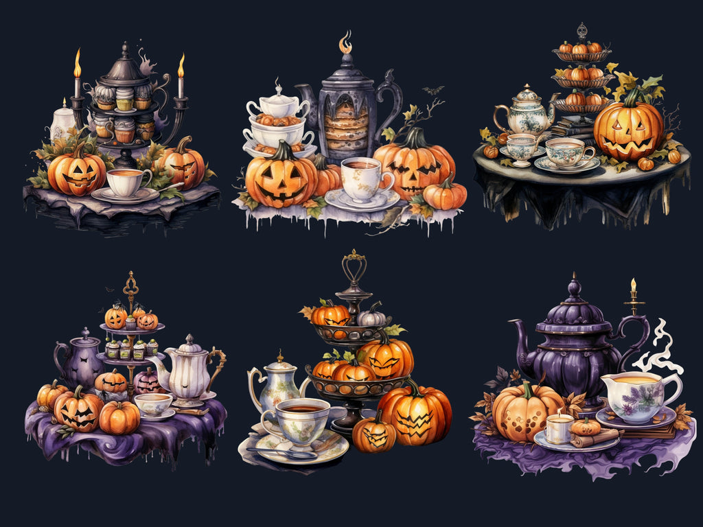40 PNG Watercolour Halloween Tea Party Clipart, Pumpkin Tea Time Illustrations Clip art, Halloween Decor png, Trick or Treat Sublimation