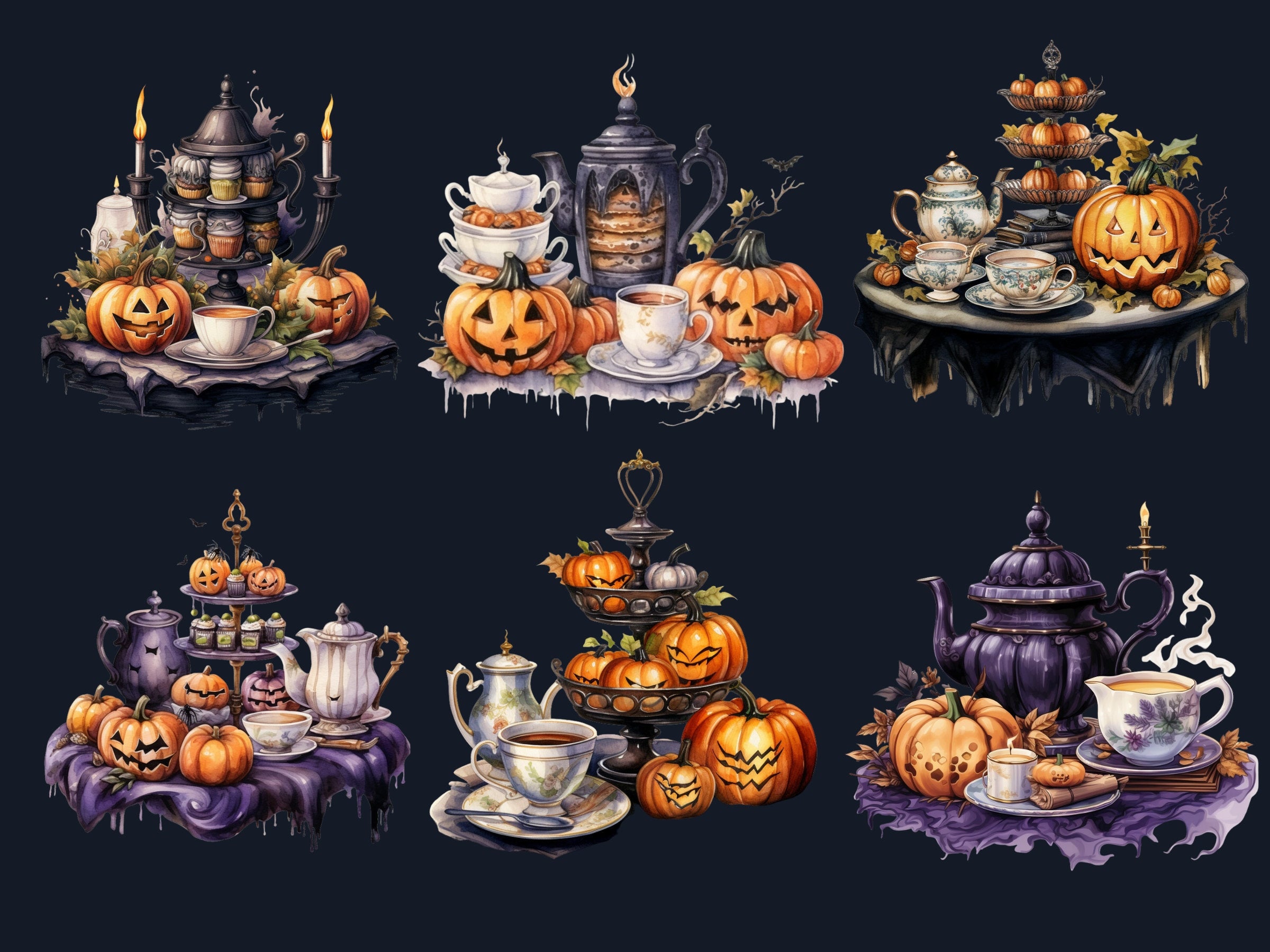 40 PNG Watercolour Halloween Tea Party Clipart, Pumpkin Tea Time Illustrations Clip art, Halloween Decor png, Trick or Treat Sublimation
