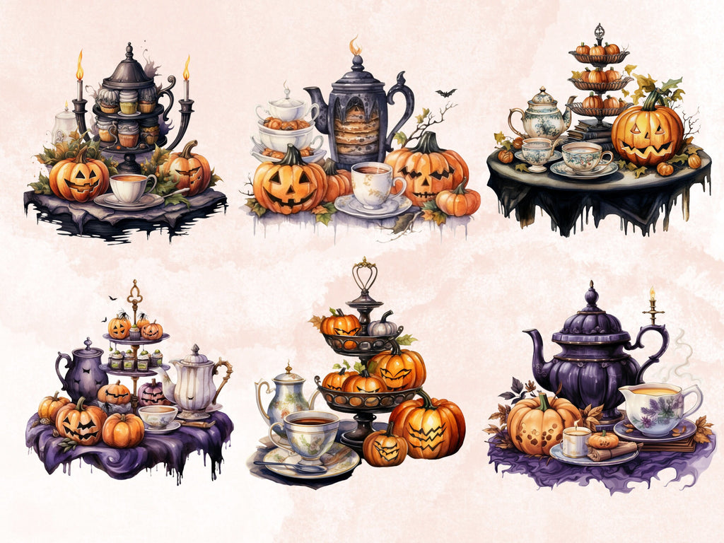 40 PNG Watercolour Halloween Tea Party Clipart, Pumpkin Tea Time Illustrations Clip art, Halloween Decor png, Trick or Treat Sublimation
