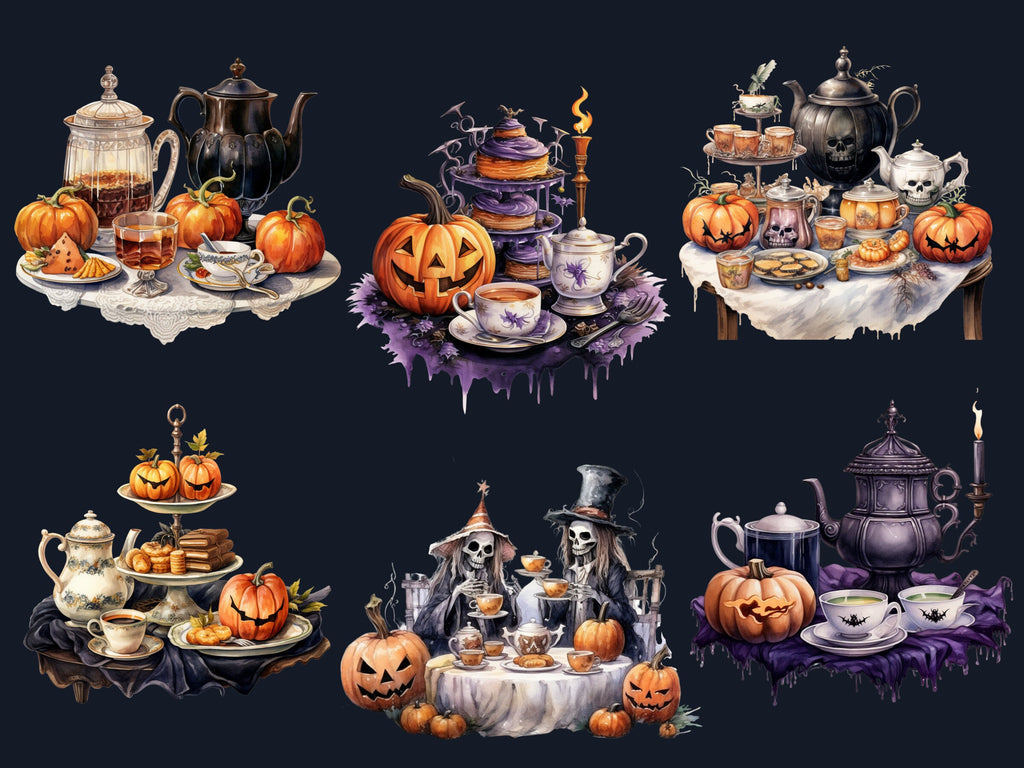40 PNG Watercolour Halloween Tea Party Clipart, Pumpkin Tea Time Illustrations Clip art, Halloween Decor png, Trick or Treat Sublimation