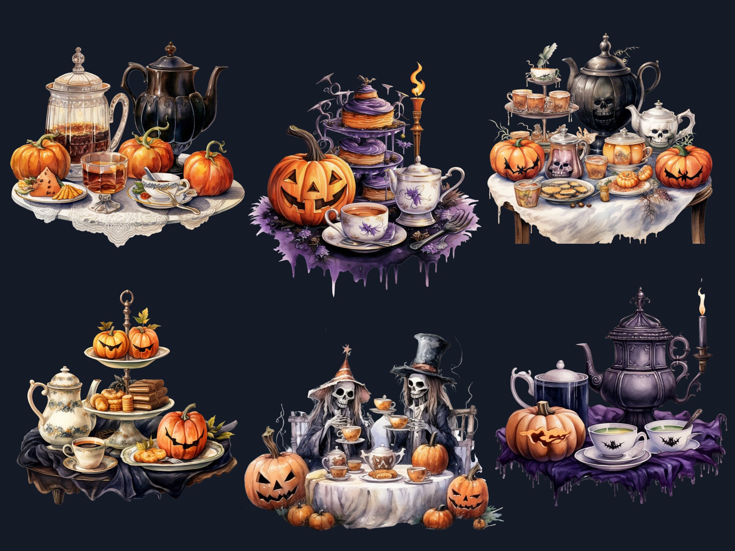 40 PNG Watercolour Halloween Tea Party Clipart, Pumpkin Tea Time Illustrations Clip art, Halloween Decor png, Trick or Treat Sublimation