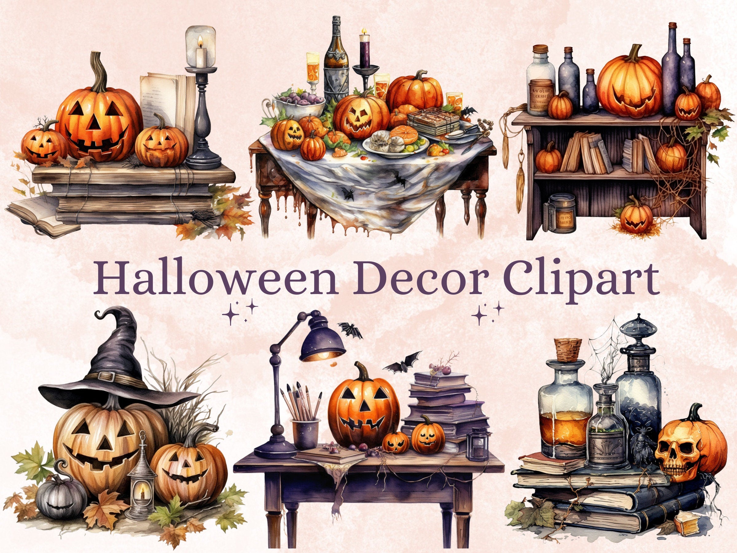 35 PNG Watercolor Halloween Decor Clipart, Cozy Halloween Interior Illustrations Clip art, Fall Witchcraft png, Autumn Pumpkin Sublimation