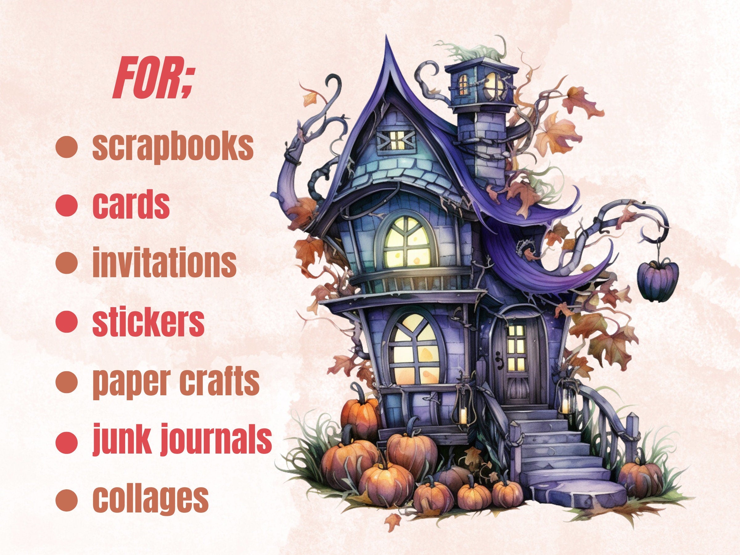 40 PNG Watercolor Halloween House Clipart, Haunted Mansion Illustrations Clip art, Pumpkin Fairy House png, Spooky Witch House Sublimation