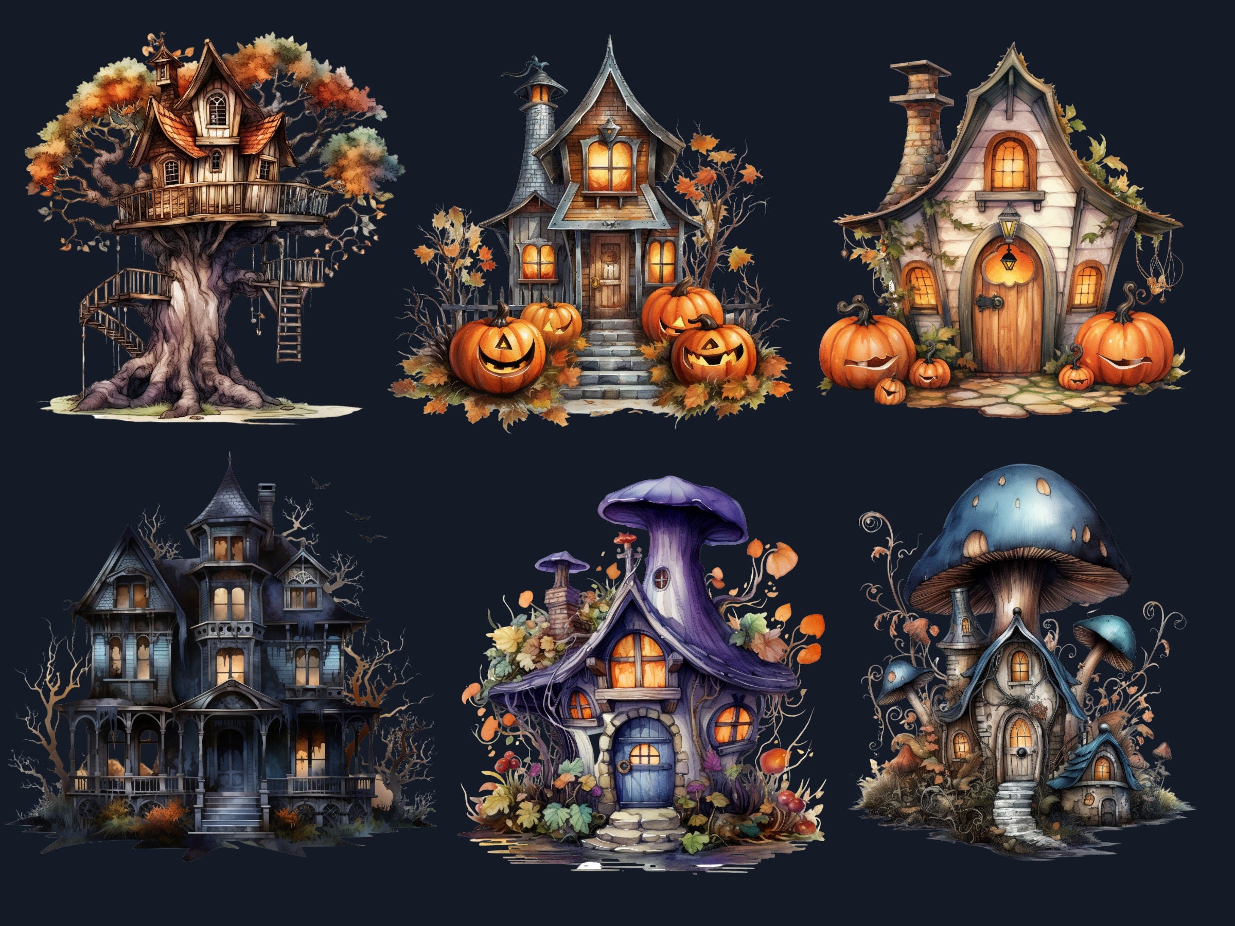 40 PNG Watercolor Halloween House Clipart, Haunted Mansion Illustrations Clip art, Pumpkin Fairy House png, Spooky Witch House Sublimation
